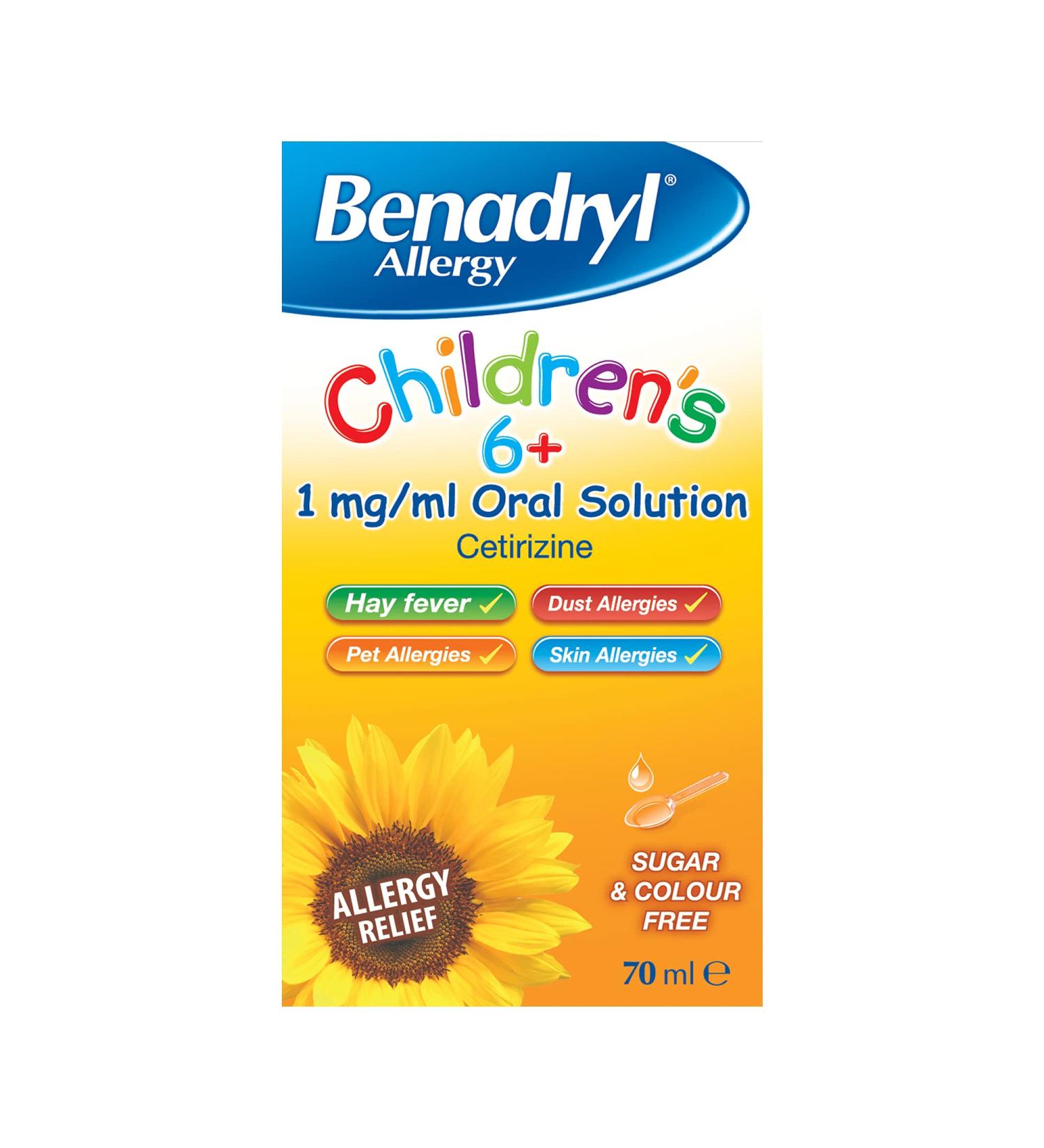 Benadryl Allergy Children's Oral Solution 70ml - 1mg/ml - Ages 6+ | Fast Relief - Buy Online on GoSupps.com