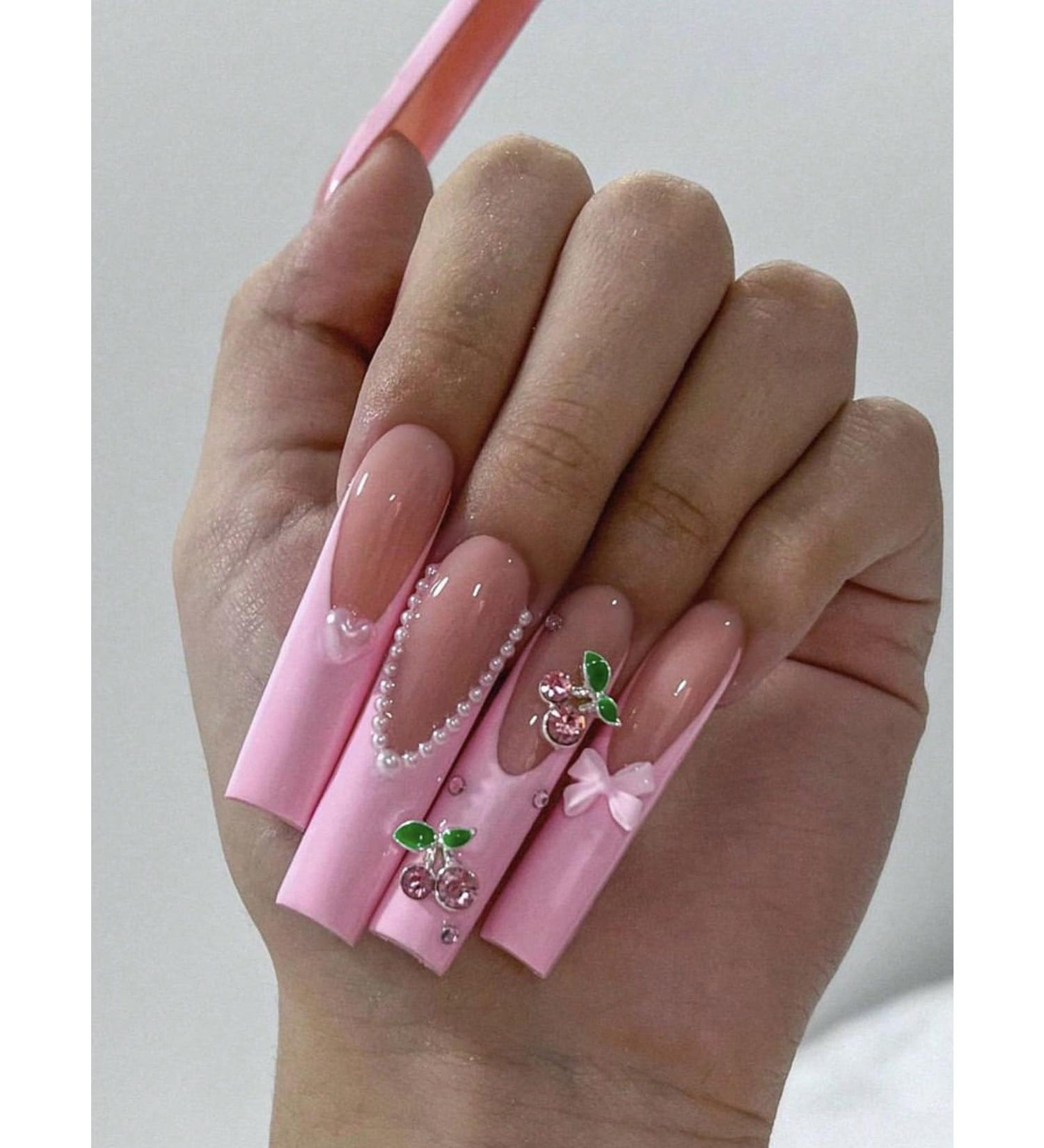 24pcs Pink Cherry Coffin Fake Nail Cherry Bow Press on Nails Trendy Pink Cherry Coffin Nails Luxurious Nails Acrylic Nails Fake Nails For Women Girls - Buy Online on GoSupps.com