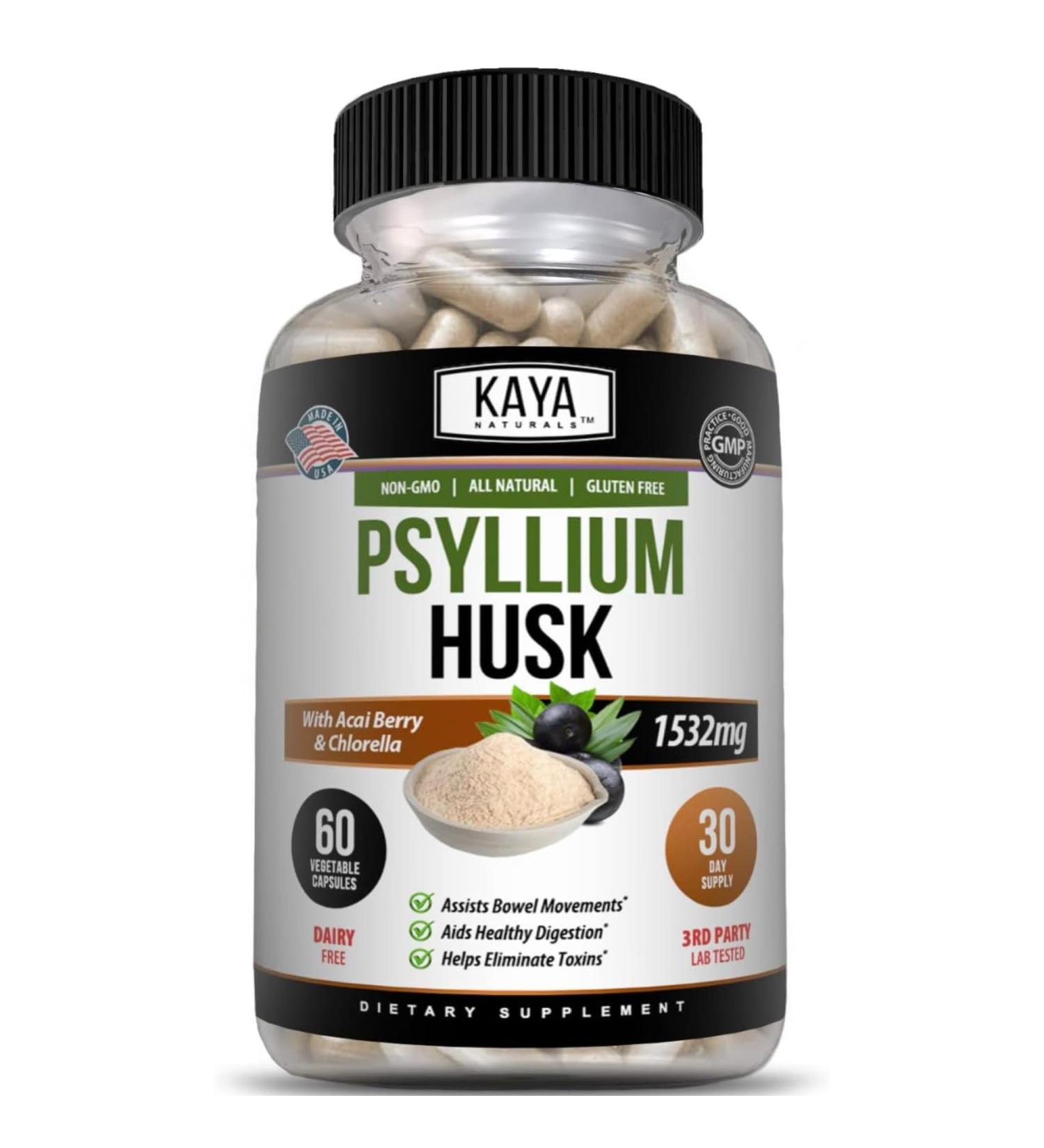 Kaya Naturals Psyllium Husk Capsules - 60 Count | High Fiber Supplement | Digestive Health & Regularity | Gluten-Free Non-GMO 60 Count (Pack of 1) - Buy Online on GoSupps.com
