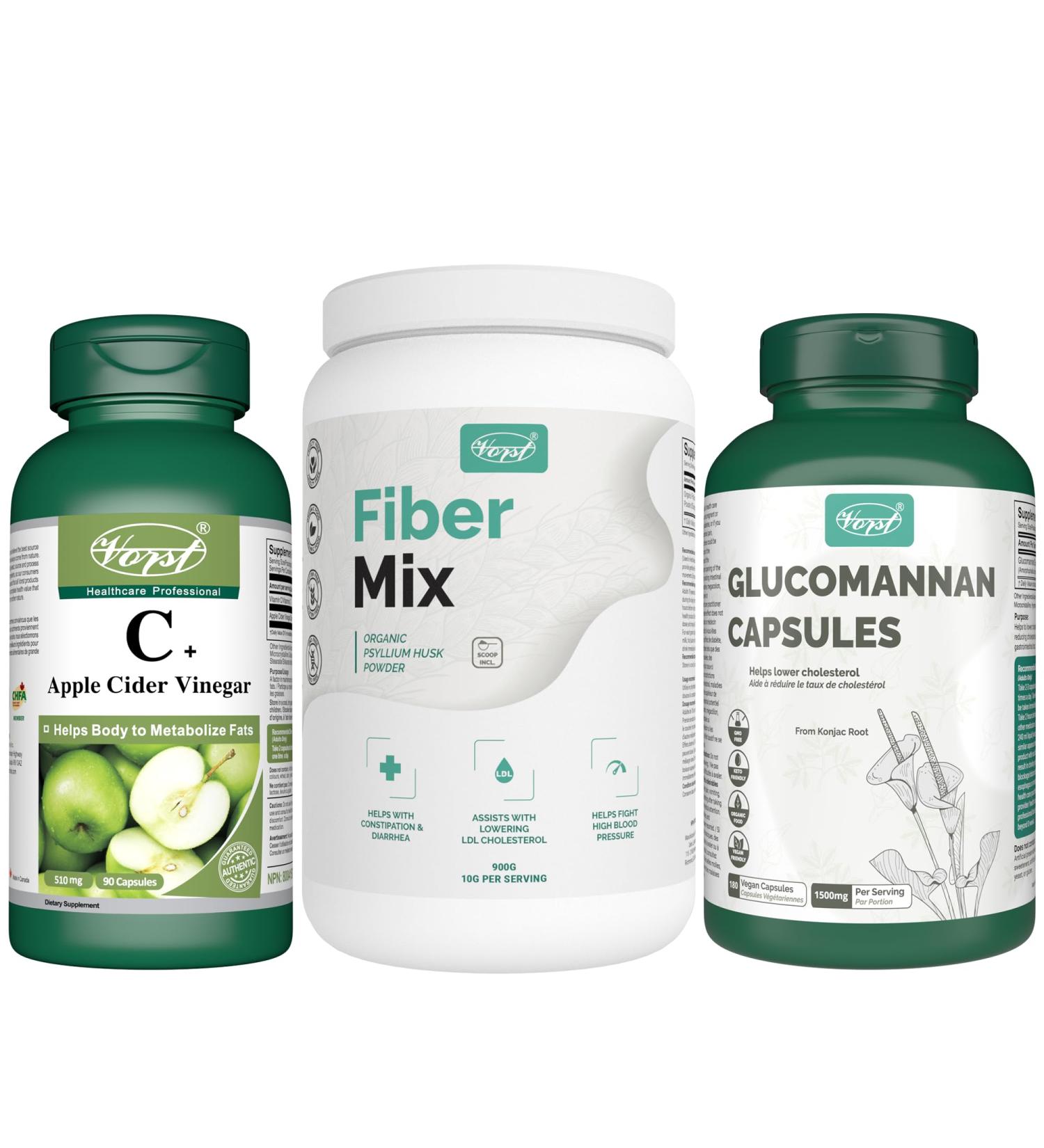 VORST Apple Cider Vinegar with Vitamin C 90 Capsules and Organic Psyllium Husk Powder | Fiber Mix 900G| and Glucomannan 180 Vegan Capsules | Digestive Health Supplements | (Combo Bundle 3 Bottles) - Buy Online on GoSupps.com
