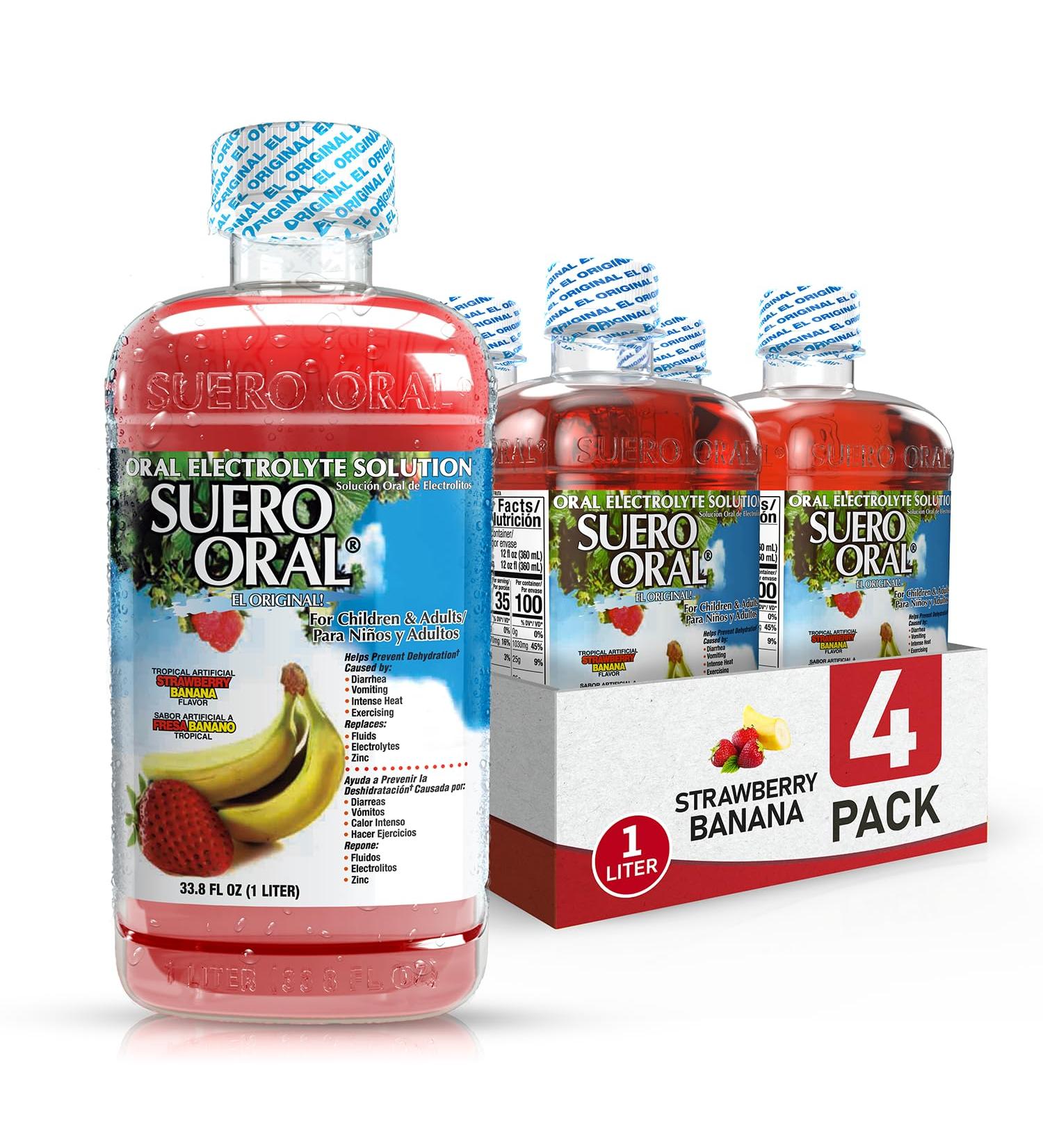Suero Oral Electrolyte Solution - Electrolytes Drink Hydration Booster & Rehydration Drink for Kids & Adults Hydrates Replenishes Energizes Strawberry Banana Flavor 1 Liter (4 Pack) - Buy Online on GoSupps.com