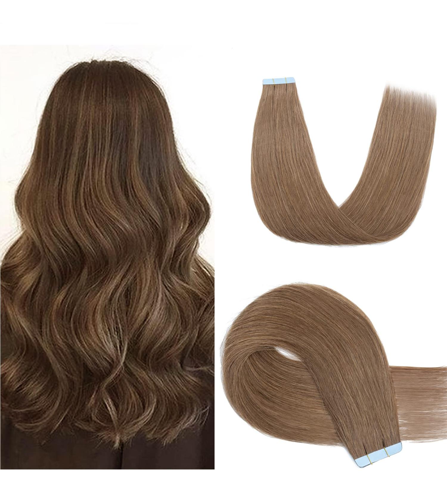 SEGO TAPE Hair Extensions Glue - 20 Remy Real Hair Tressen - Light Brown #6 (16/45cm) - Includes 10 Free Tapes - Premium Quality - Buy Online on GoSupps.com