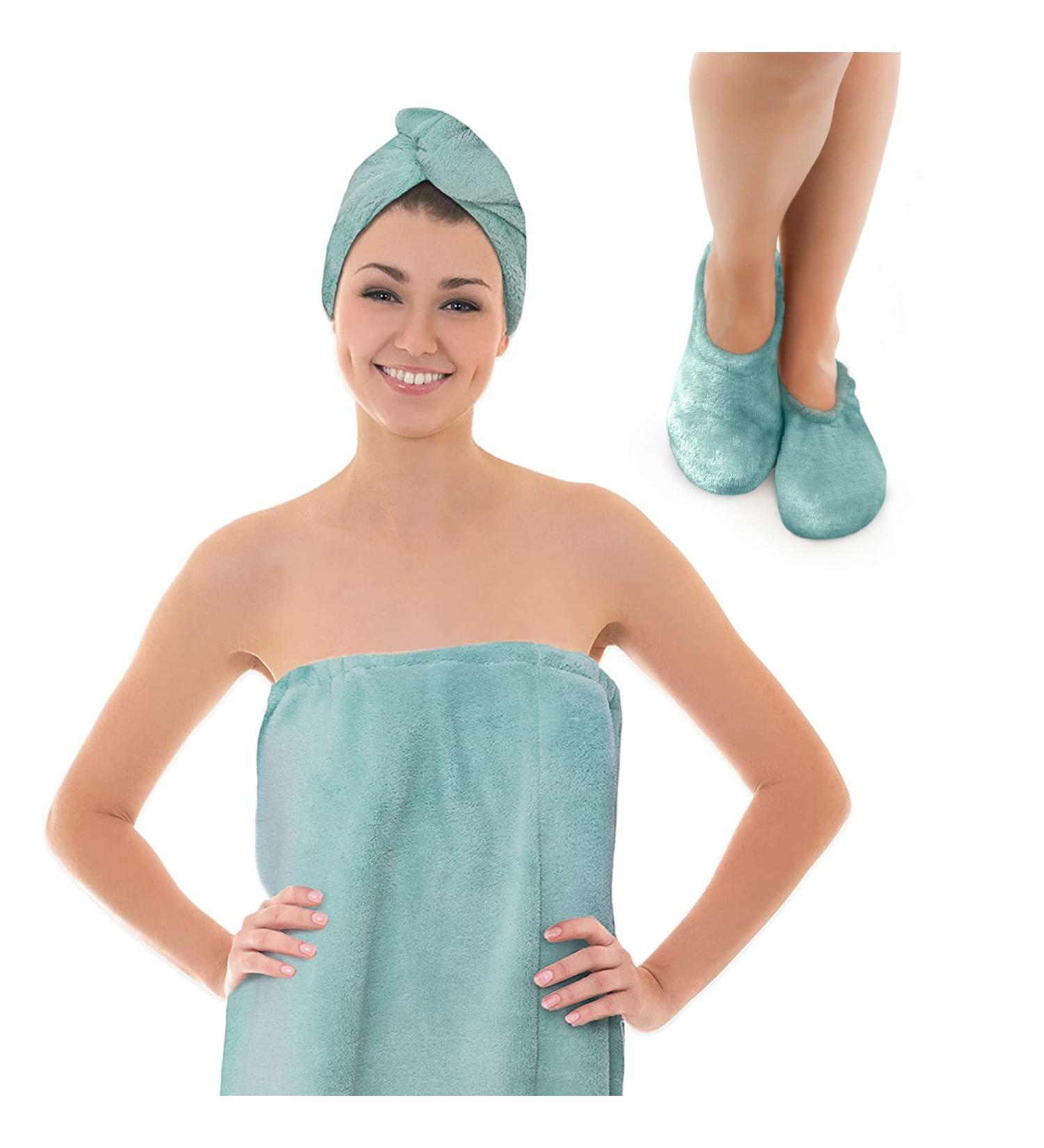MICRODRY 3-Piece Bathroom Spa Set - Quick Drying Hair Towel, Body Wrap, Memory Foam Slippers - Aqua - Buy Online on GoSupps.com