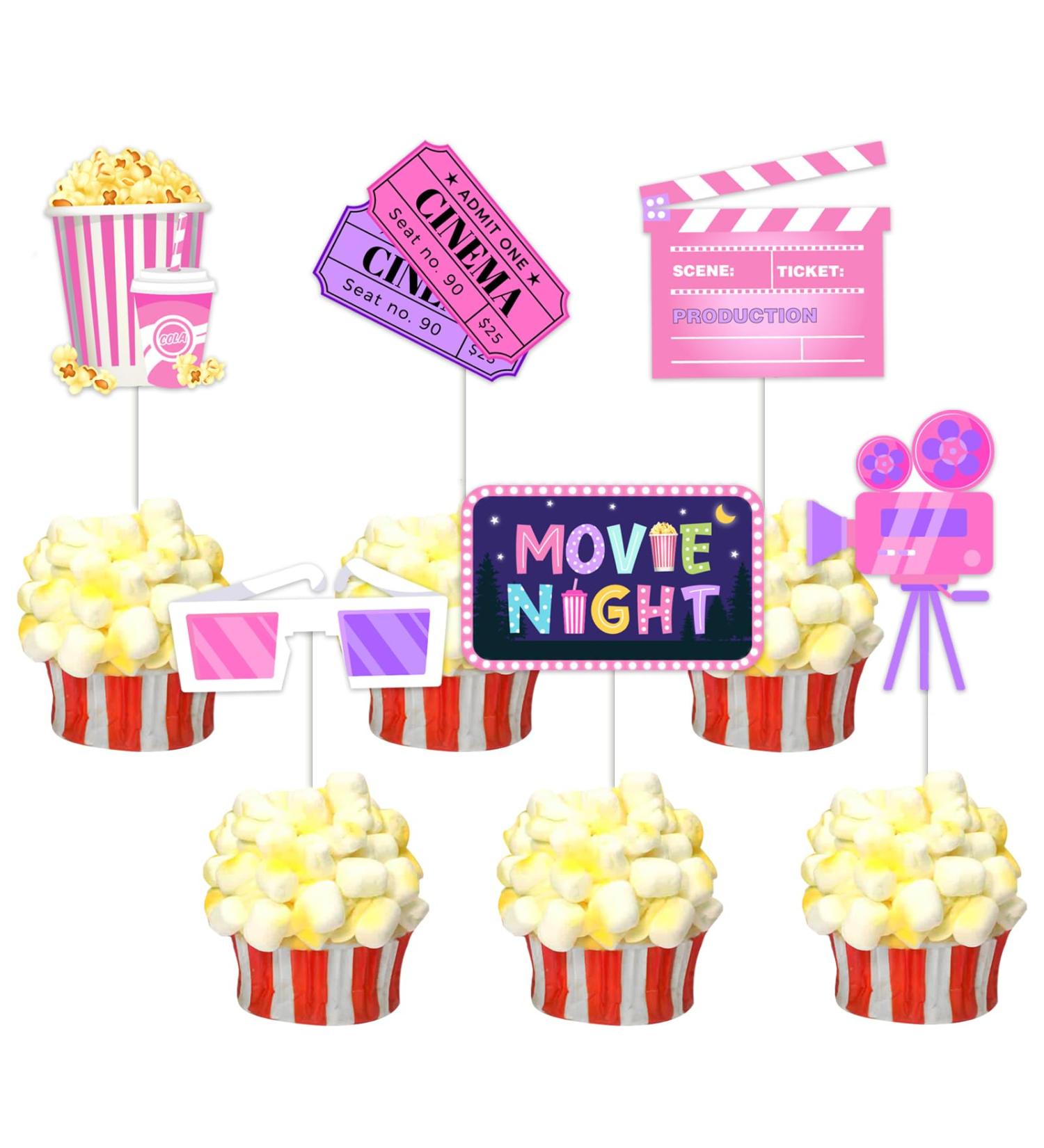 24 Pcs Movie Night Cupcake Toppers - Pink Girl Movie Night Birthday Party Supplies Double Sided Paper Cinema Cake Decorations Backyard Popcorn Movie Theme Baby Shower Decor - Buy Online on GoSupps.com