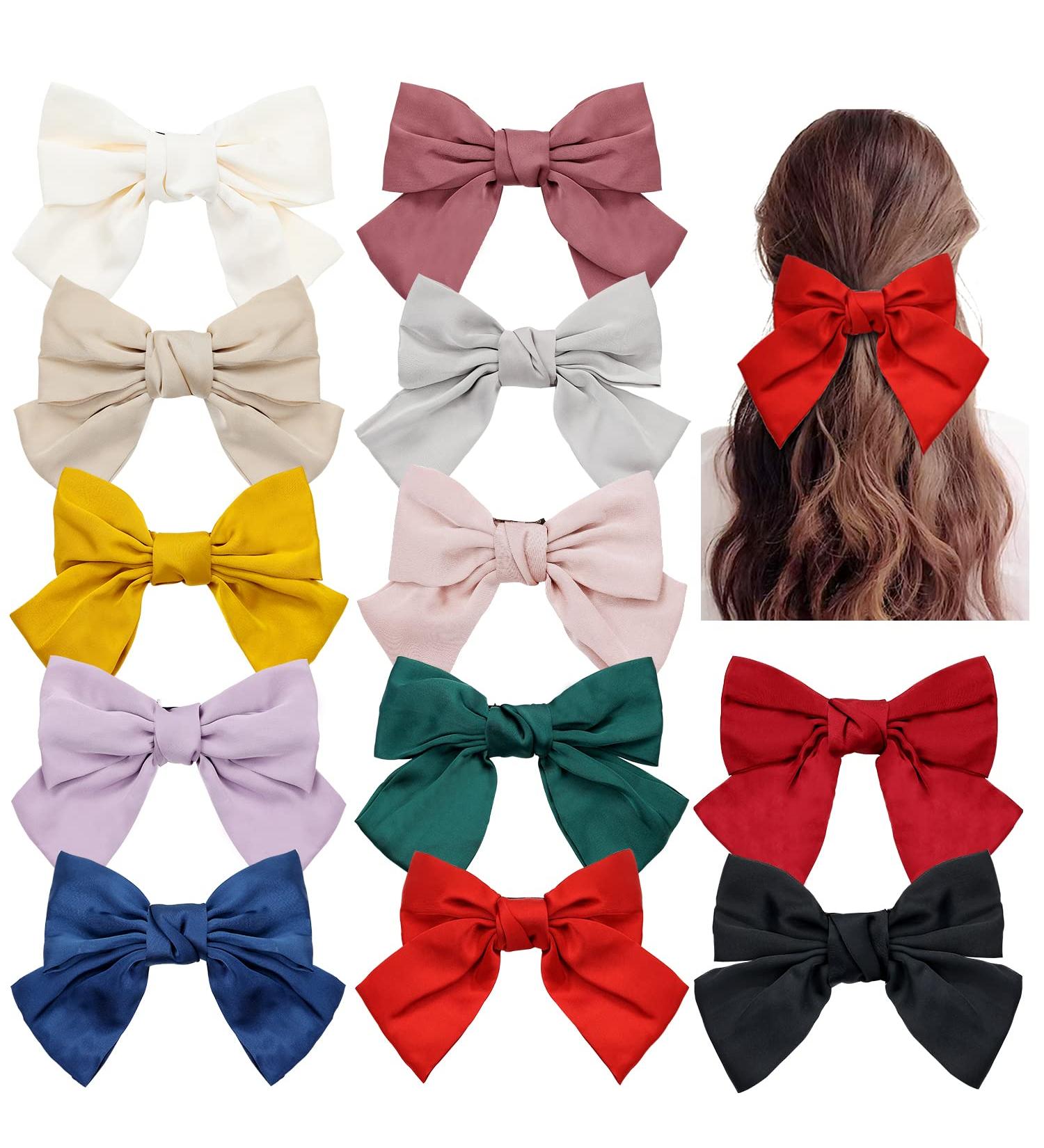 12-Pack Large Oversized Satin Hair Bows French Barrettes Clips - White Red Yellow Blue Black Hair Bow Ribbon Accessories for Women - Buy Online on GoSupps.com