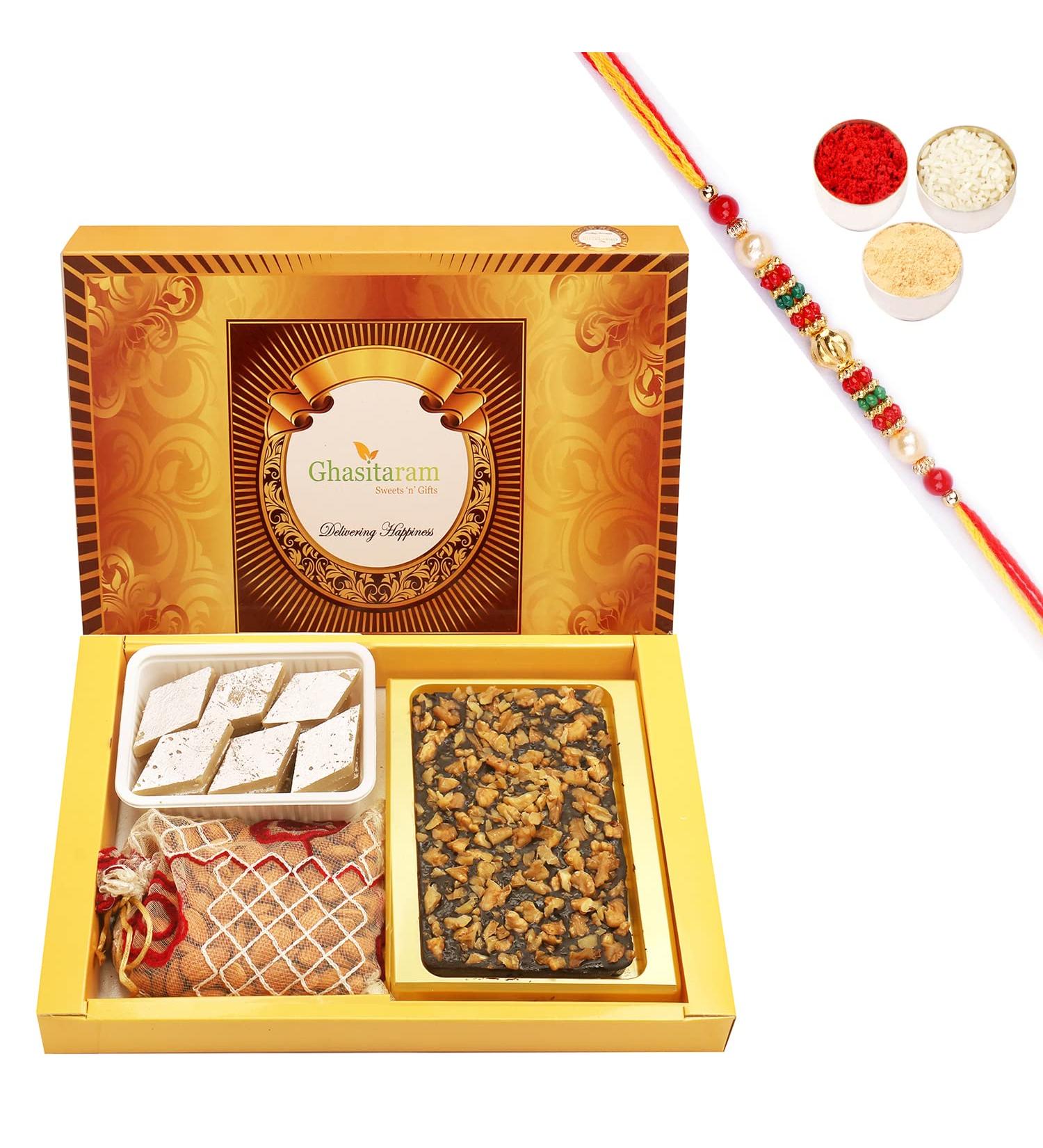 Ghasitaram Gifts Rakhi Gifts for Brothers Rakhi Sweets - Big Box of Walnut Chocolate Bark Almonds and Kaju Katli with Pearl Beads Rakhi Big BoxofWalnut Choco Bark Almond Kaju Katli Rakhi - Buy Online on GoSupps.com