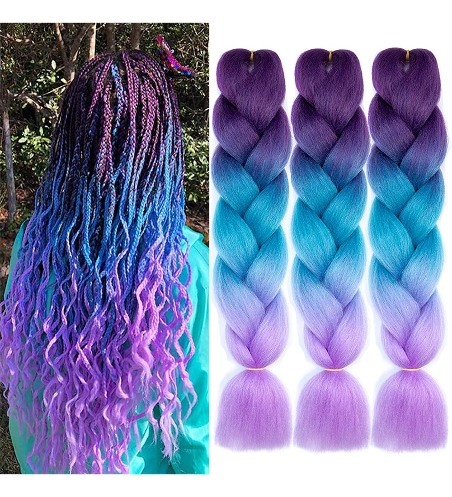 AFNOTE Ombre Braiding Hair 24 Inch 3Pcs Pre Stretched Braid Extensions - Dark Purple/Lake Blue/Light Purple - Buy Online on GoSupps.com