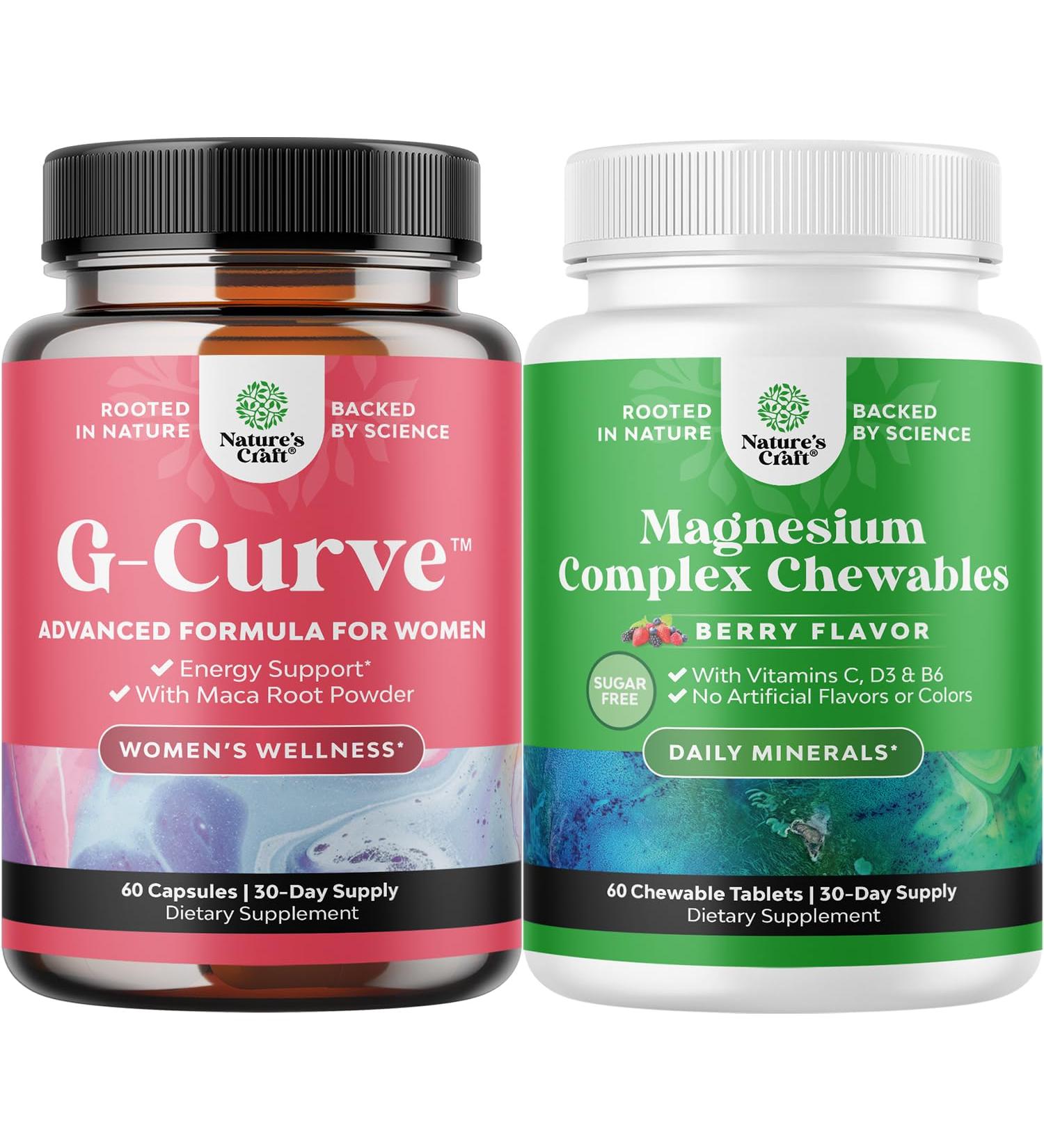 Bundle of G-Curve Butt & Breast Enhancement with Saw Palmetto Extract Horny Goat Weed for Women and Sugar Free Magnesium Glycinate Chewable with Taurate & Citrate Complex Plus Vitamins D3 B6 & C - Buy Online on GoSupps.com