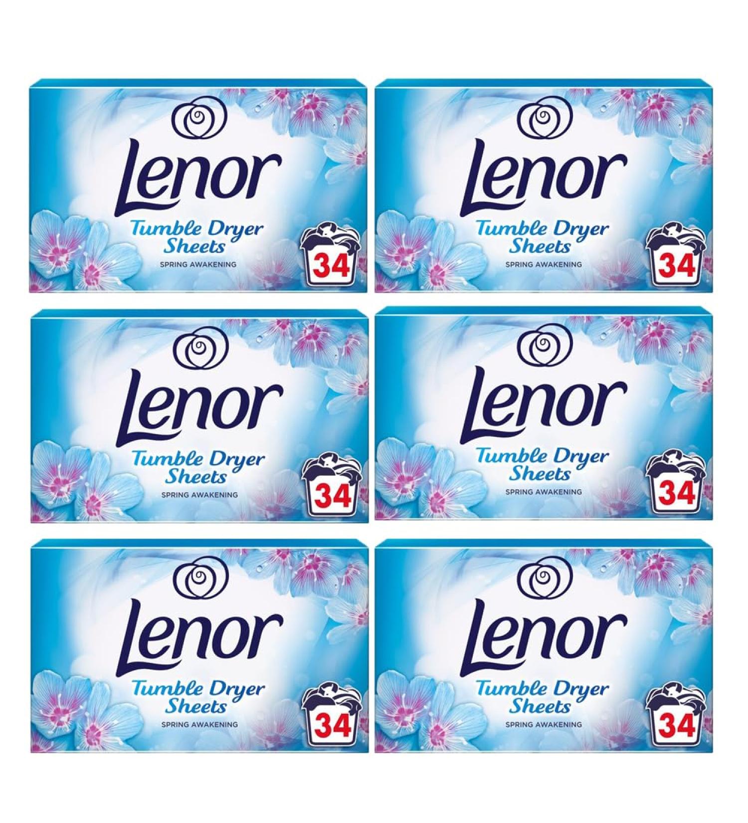 Lenor 6 x 34 pack Tumble Dryer Sheets With Welari Thank You Card Fresh Laundry Fragrance Spring Blue Clothes Washing Scent (204sheets) - Buy Online on GoSupps.com