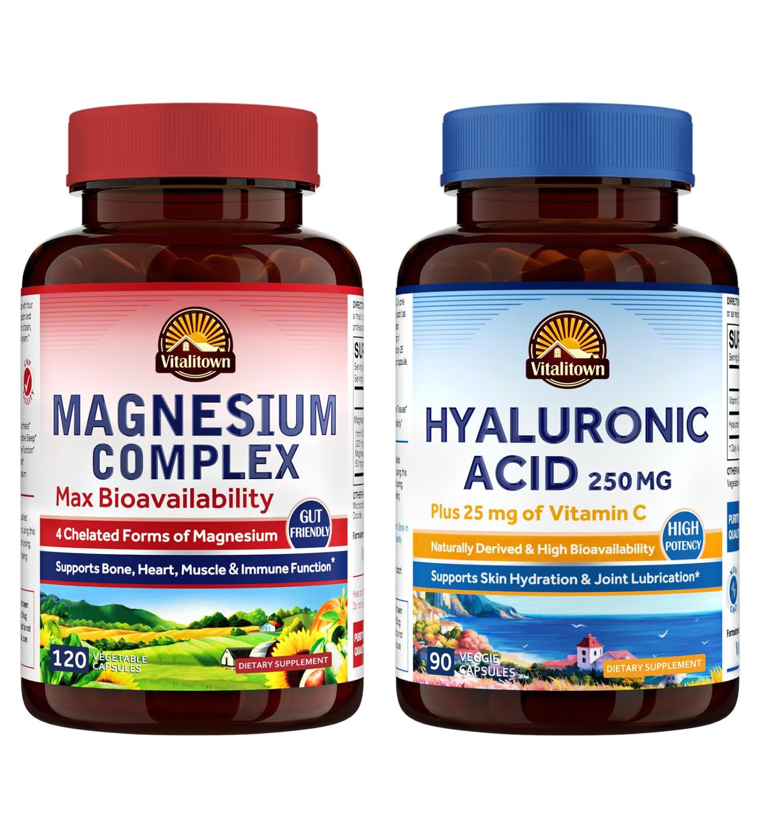 Vitalitown Magnesium + Hyaluronic Acid Bundle| Magnesium Complex (Item 1) & Hyaluronic Acid Plus Vitamin C (Item 2) | 120 Magnesium Capsules & 90 Hyaluronic Acid Capsules - Buy Online on GoSupps.com