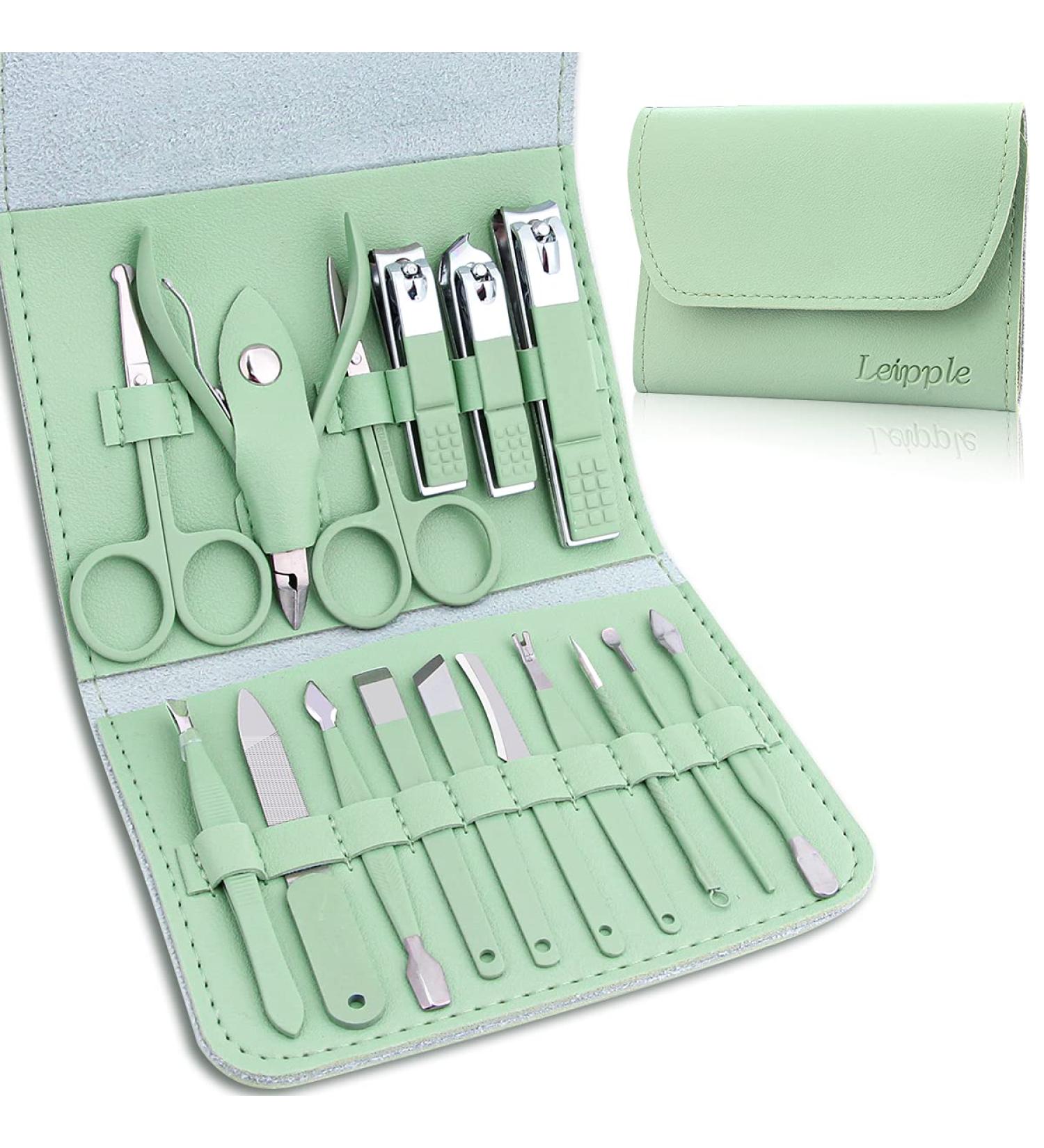 Leipple Manicure Set Professional Pedicure Kit Nail Care Tools - 16 in 1 Stainless Steel Nail Clippers Tools - Grooming Kit with Luxurious Leather Travel Case (Green) - Buy Online on GoSupps.com