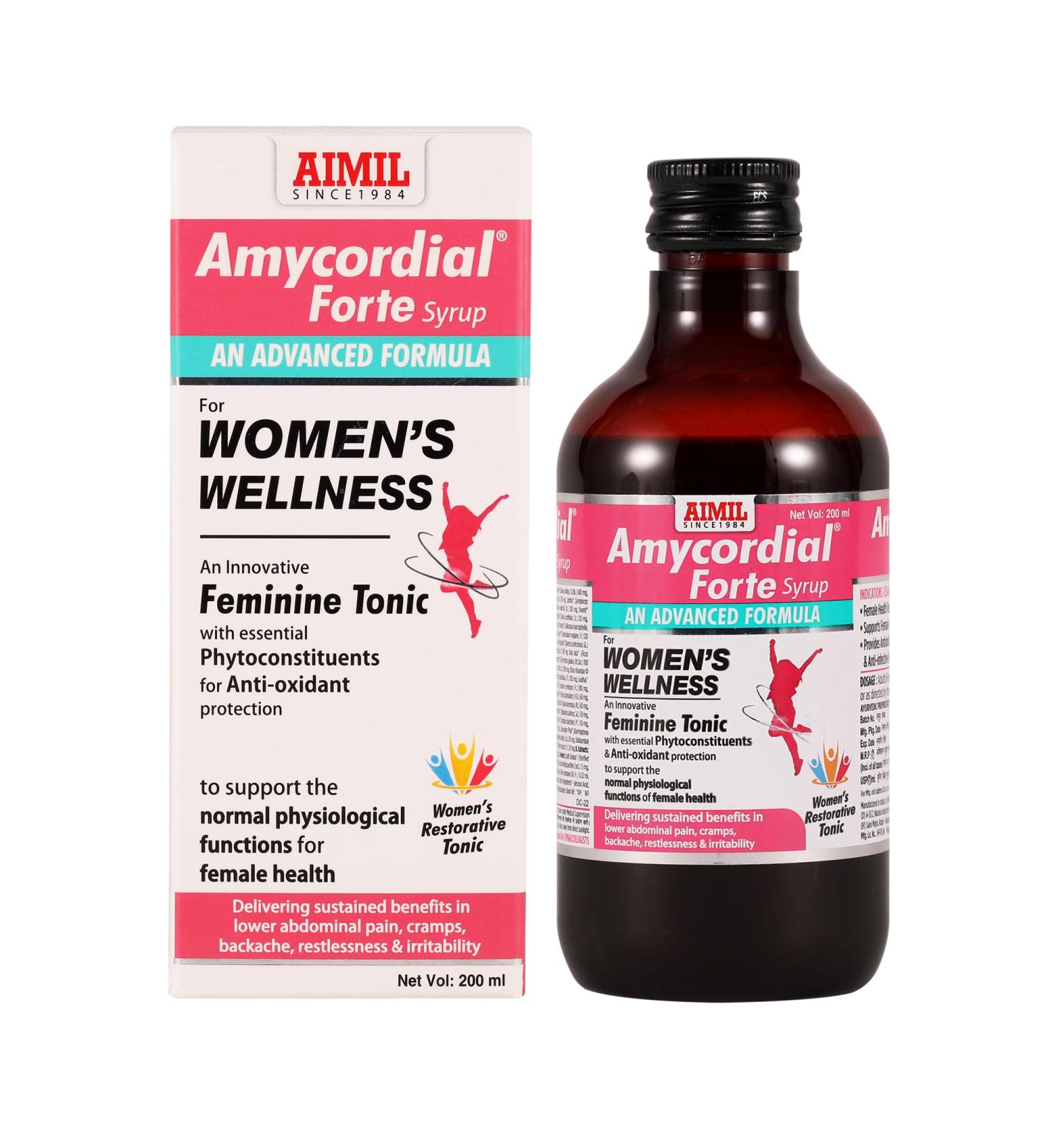 AIMIL Amycordial Forte Syrup - 200ml | Women Wellness | Feminine Tonic | Enriched with Antioxidants | Ashoka Lodhra Shatavari - Buy Online on GoSupps.com