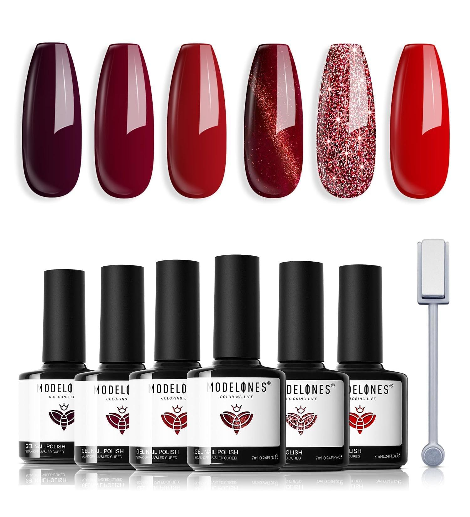 Modelones Red Gel Nail Polish 6 Colors Ruby Sparks Collection Popular Glitter Gel Polish Cat Eye Burgundy Red Sparkle Bloody Red Nail Polish Kit Art DIY Home Salon Gifts for Women - Buy Online on GoSupps.com