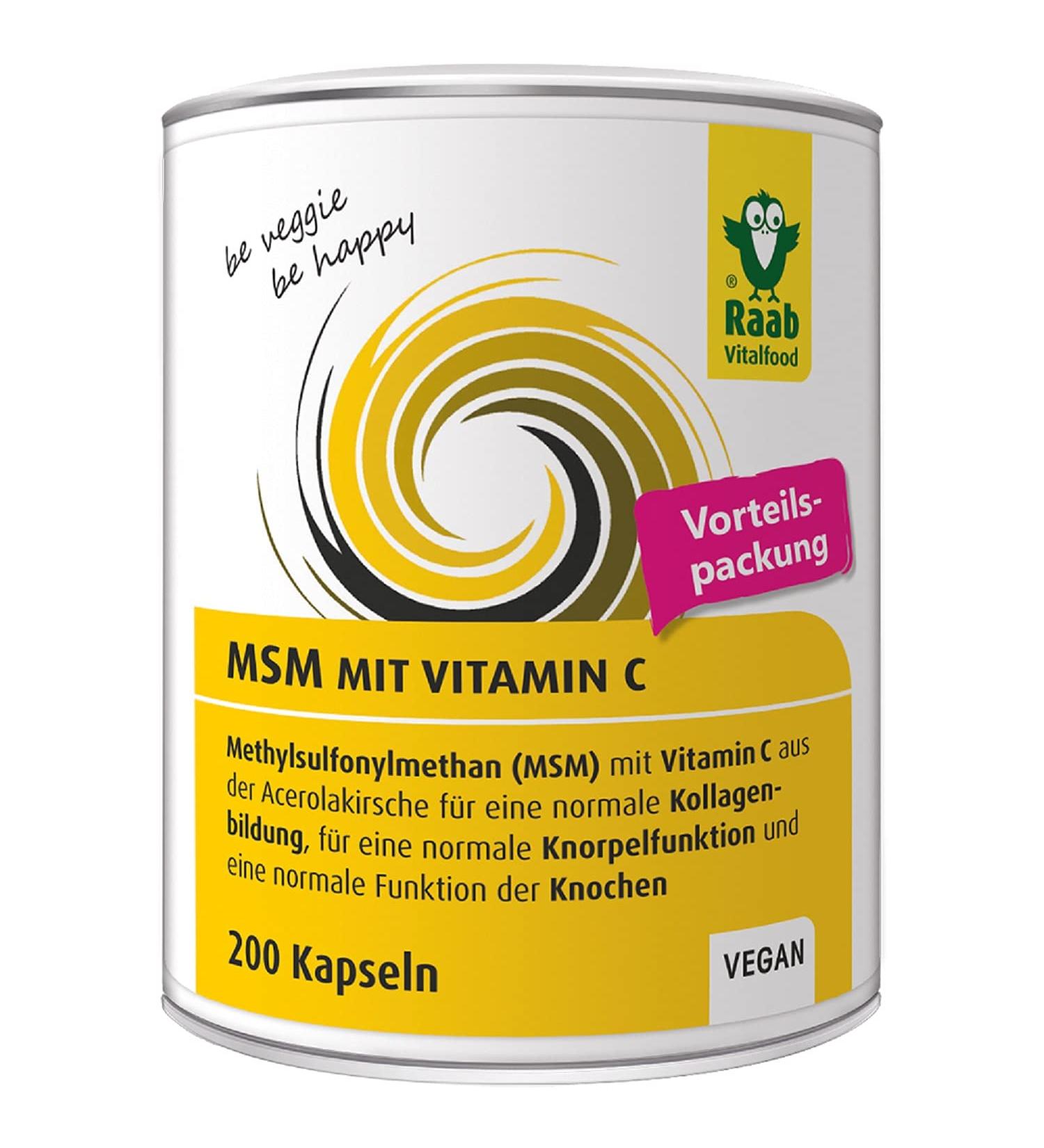 Raab Vitalfood MSM Capsules - Highly Pure Methylsulfonylmethane with Vitamin C | 200 Vegan Capsules for Optimal Health - Buy Online on GoSupps.com