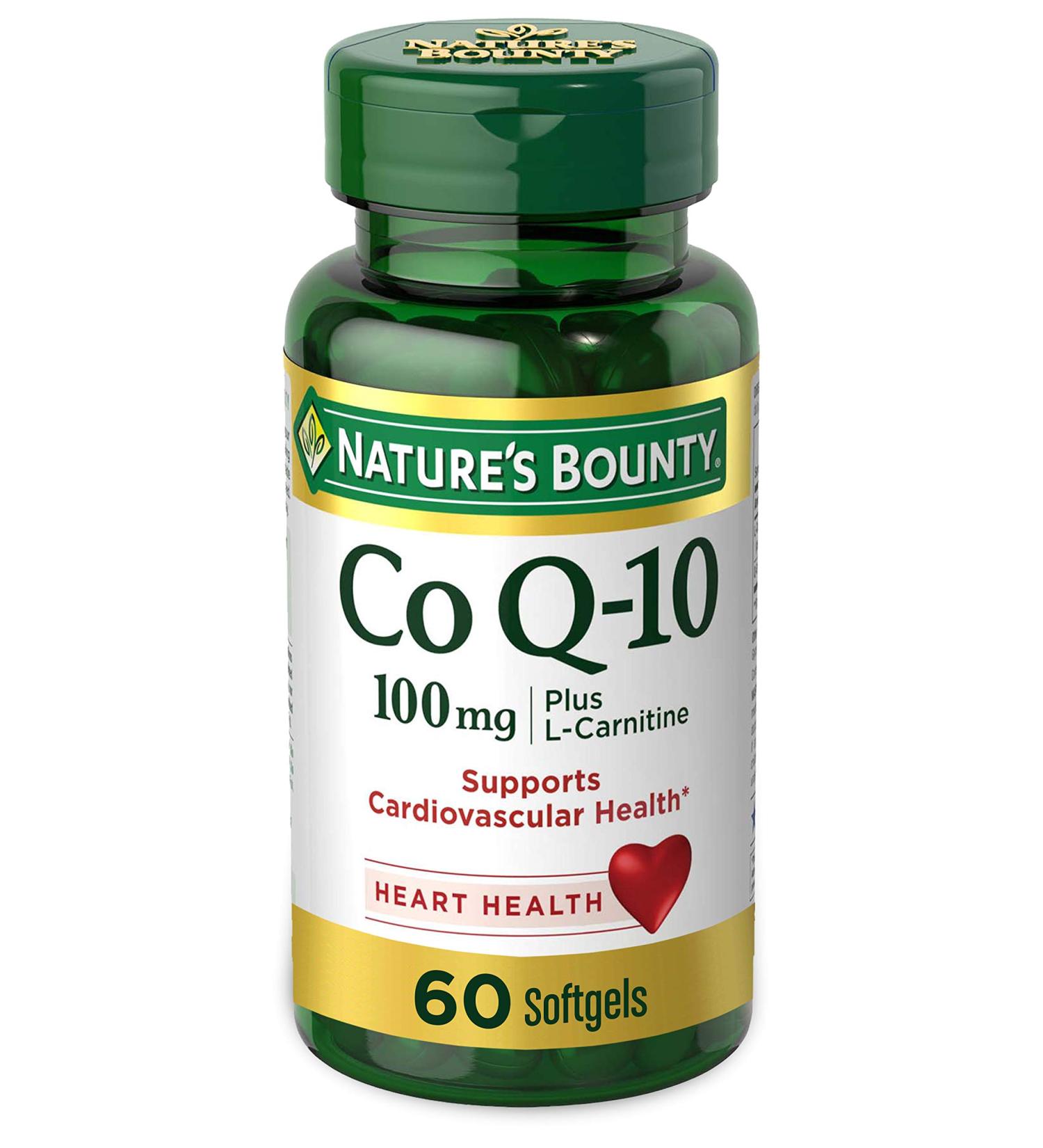 Nature's Bounty CoQ10 Dietary Supplement 100mg with L-Carnitine - 60 Softgels, Supports Heart Health - 60 Count Pack - Buy Online on GoSupps.com