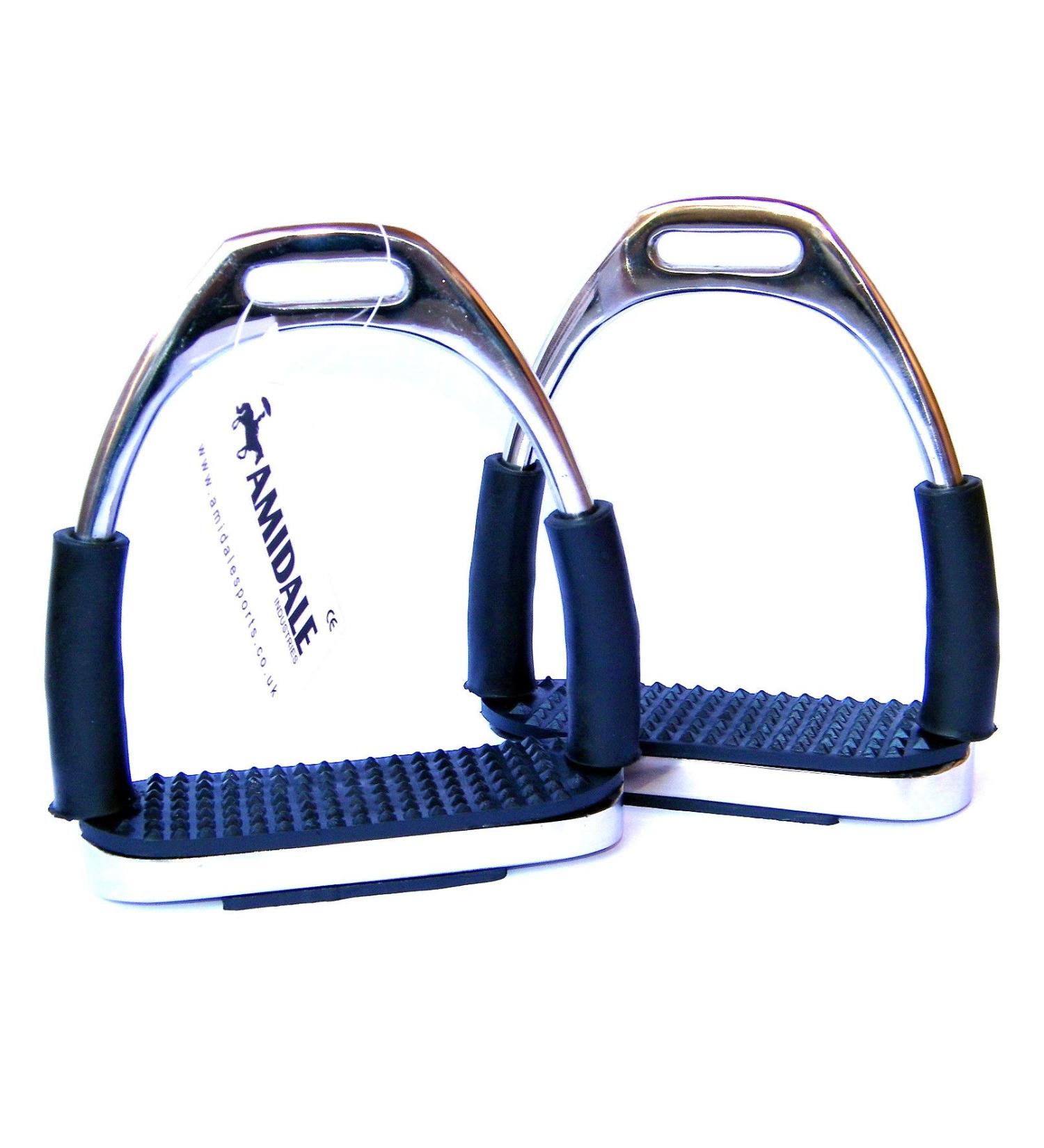 Amidale Flexi Safety Stirrups Horse Riding Bendy Irons Stainless Steel Black Treads 4.0 Inches