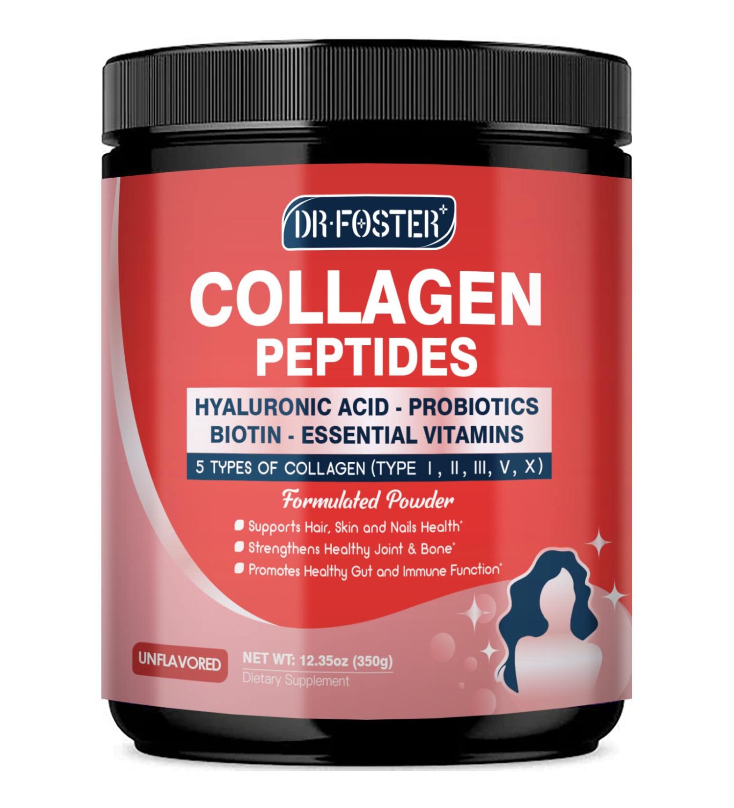 DRFOSTER Multi Collagen Peptides Powder with Probiotics - Type I II III V X Hydrolyzed Collagen Peptides with Multivitamins, Hyaluronic Acid & Biotin - Support Skin Hair Nail Joints & Gut, 35 Servings 12.35 Ounce (Pack of 1) - Buy Online on GoSupps.com