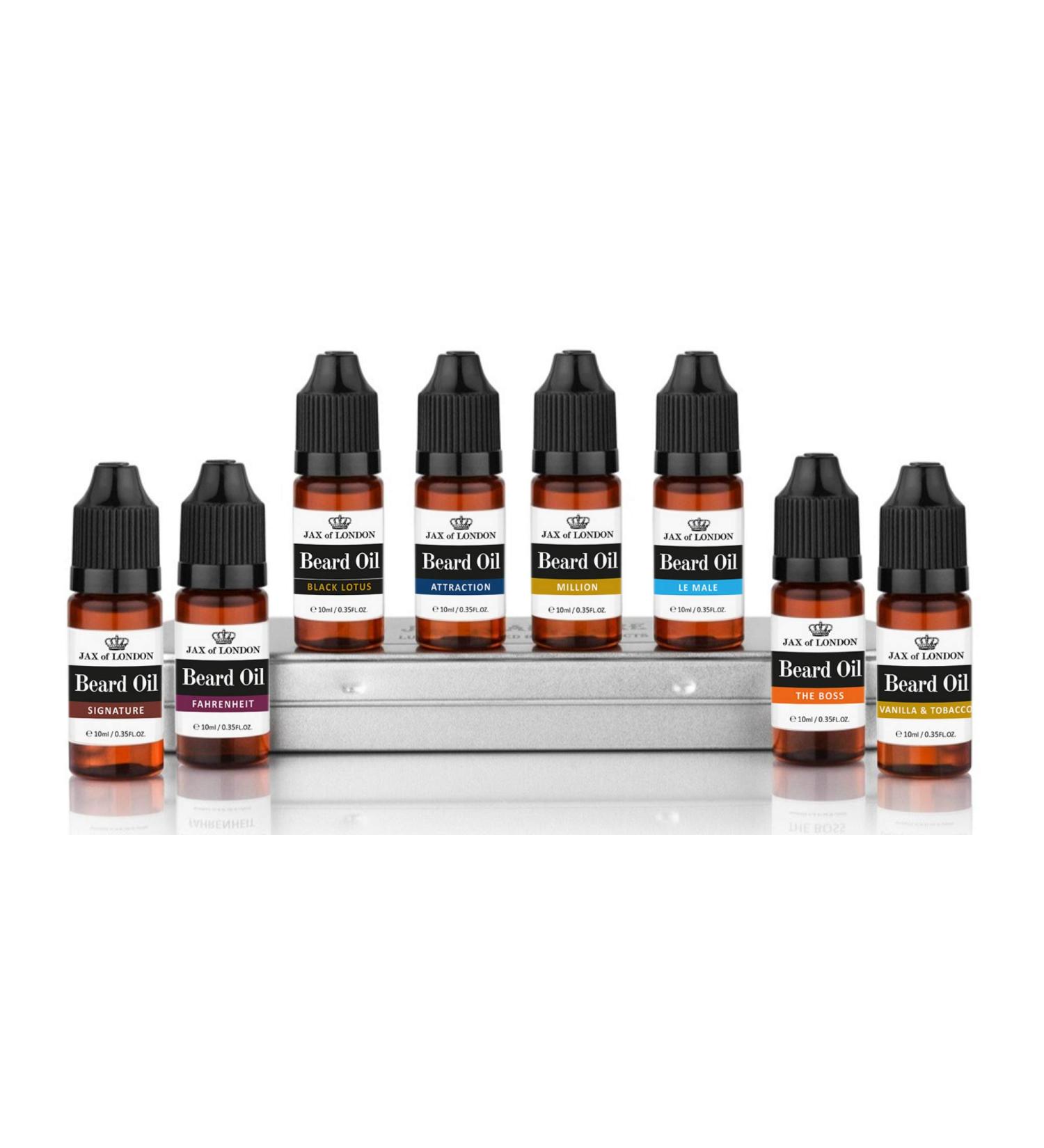 Jax of London 8 Bottles of Beard Oil for Men 10ml each Various beard care oils in a set beard growth oil for men with Vitamin E Avocado Almond oil Luxury scented beard oil Men s Cologne Fragrance Combo Pack 6.25 ml (Pack of 8) - Buy Online on GoSupps.com