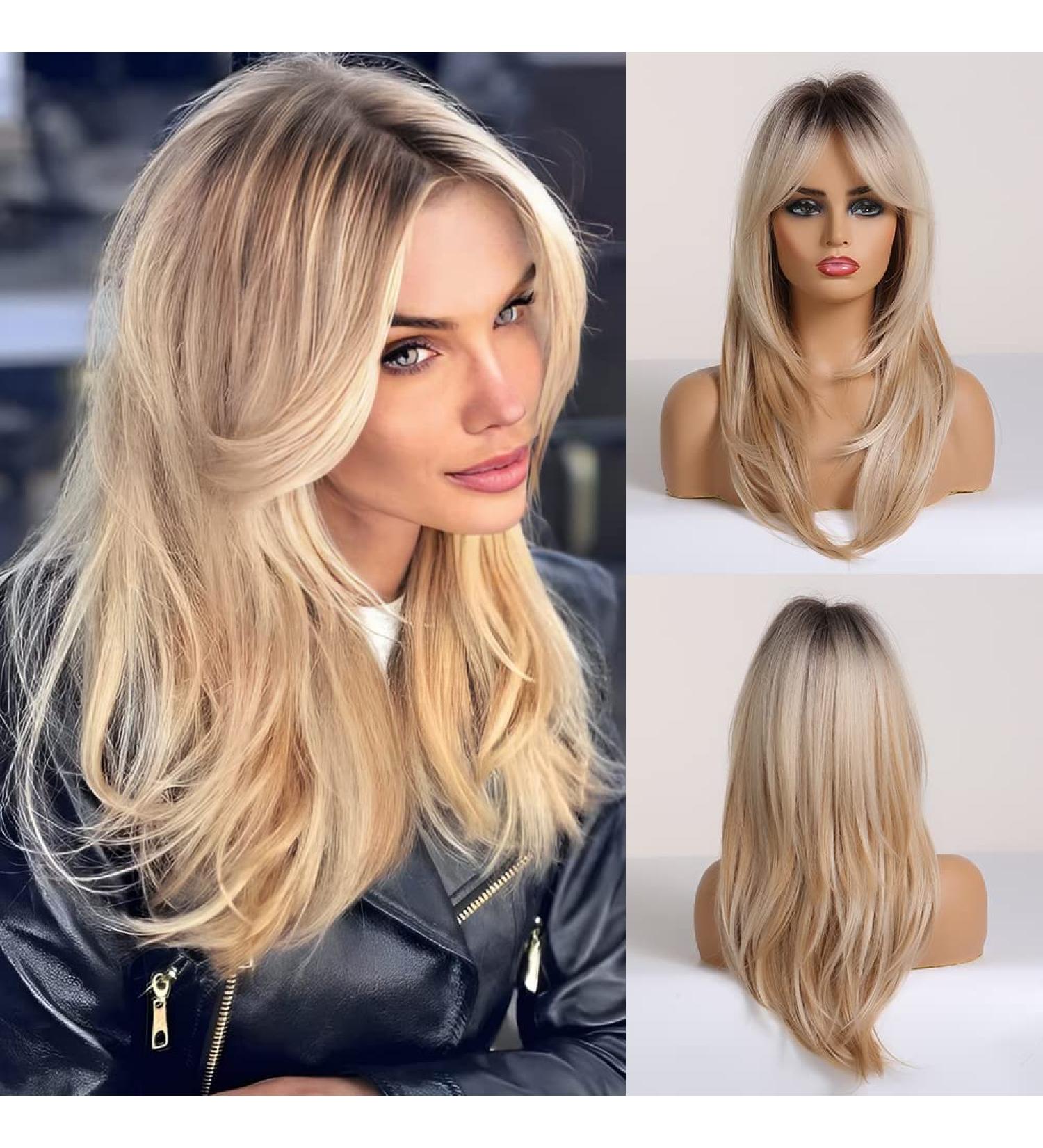 Long Blonde Curly Wig with Bangs - Synthetic Dark Roots Wig for Daily Party & Cosplay - Buy Online on GoSupps.com
