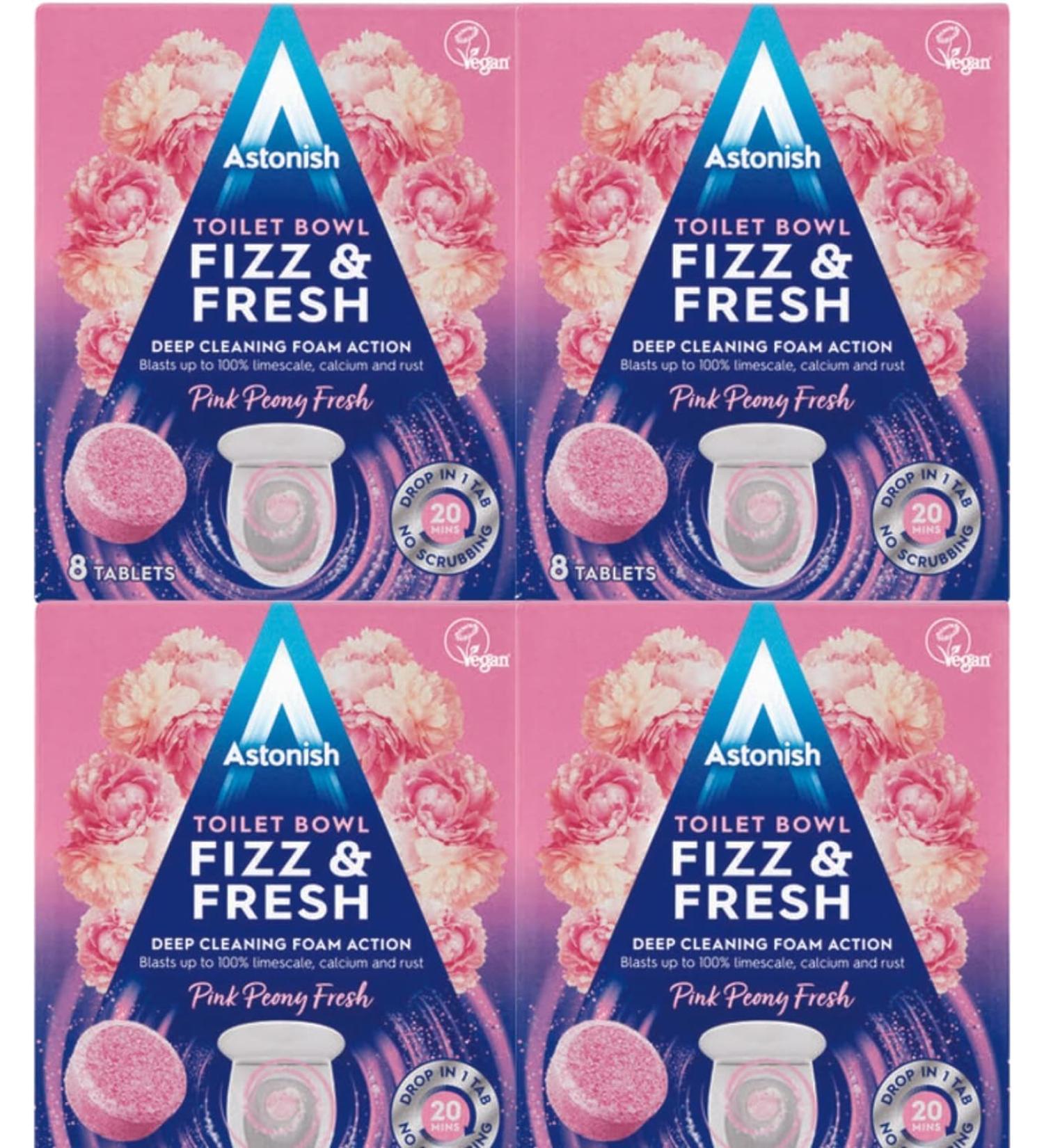 4 Pack Of Astonish Toilet Bowl Fizz & fresh Deep Cleaning Foam Action (Pink Peony Fresh) 32 Tablets In Total