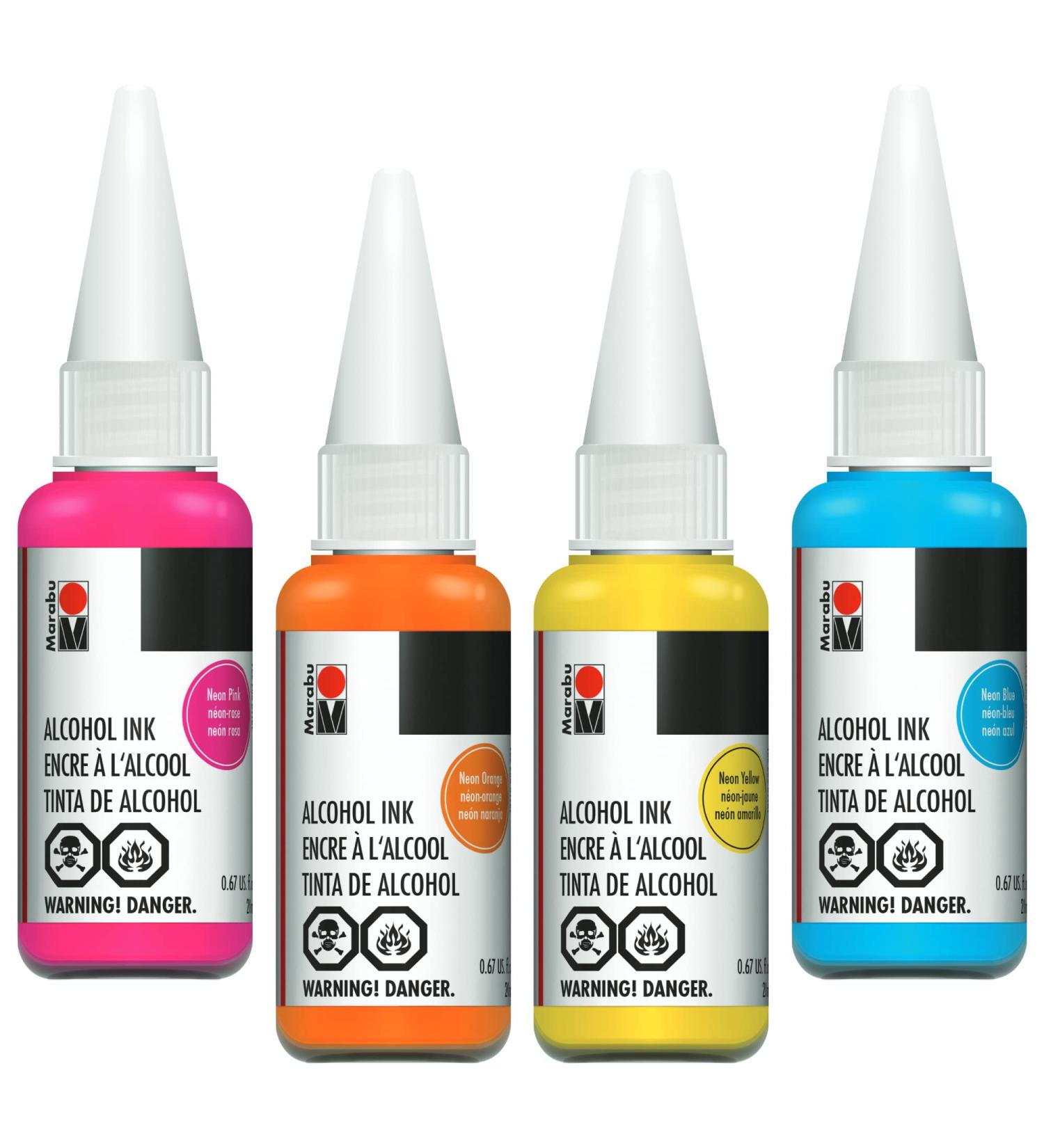 Marabu Neon Alcohol Ink Set - 4 Neon Alcohol Inks, Yellow, Orange, Pink, Blue - Vibrant Alcohol Ink for Epoxy Resin, Tumblers, Alcohol Ink Paper - Large 0.68 Ounce Inks Neon Colors Set - Buy Online on GoSupps.com