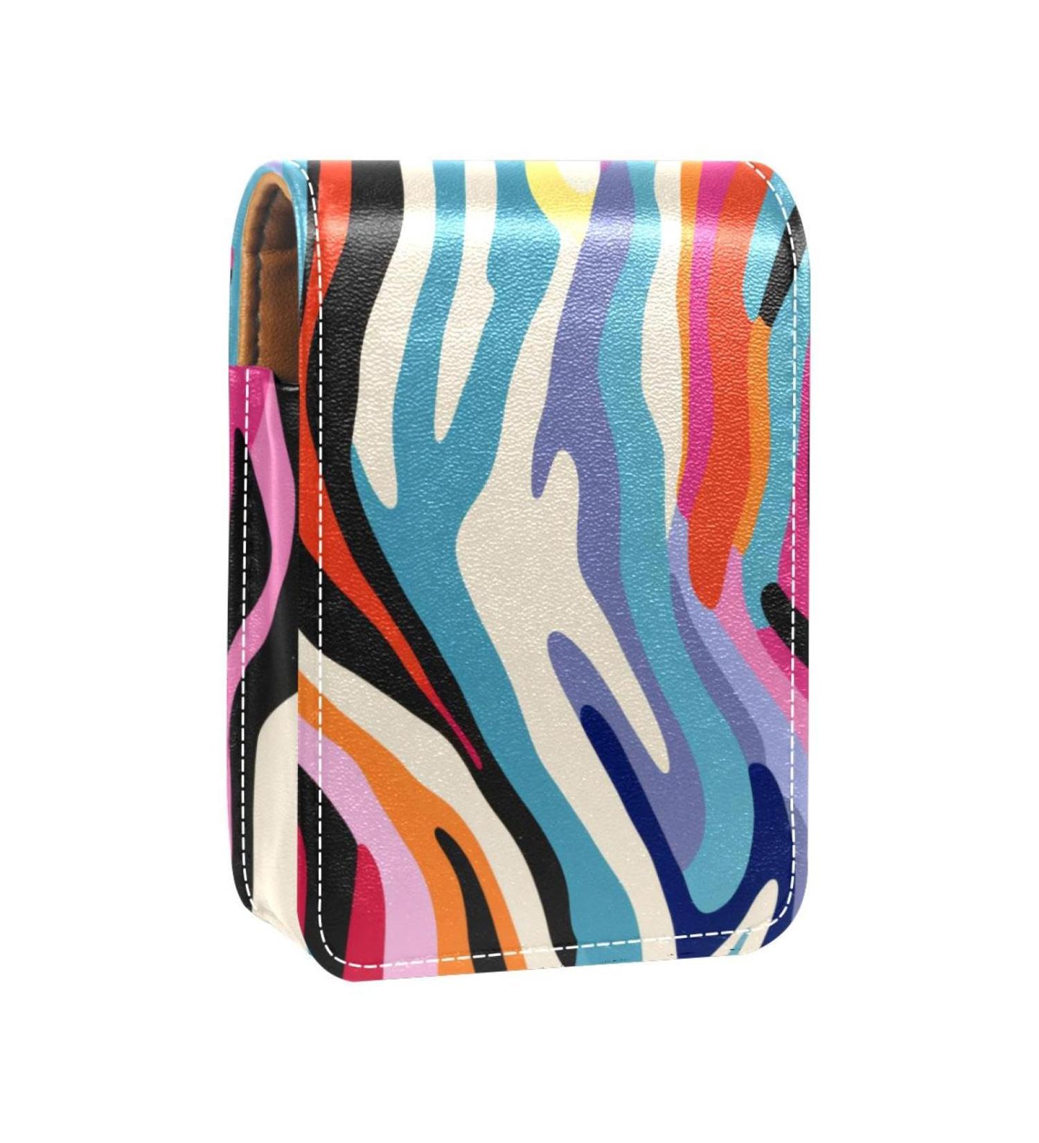 Travel Lipstick Organizer Case | Portable Makeup Bag with Mirror | Colorful Zebra Texture Art Pattern - Shop Now - Buy Online on GoSupps.com