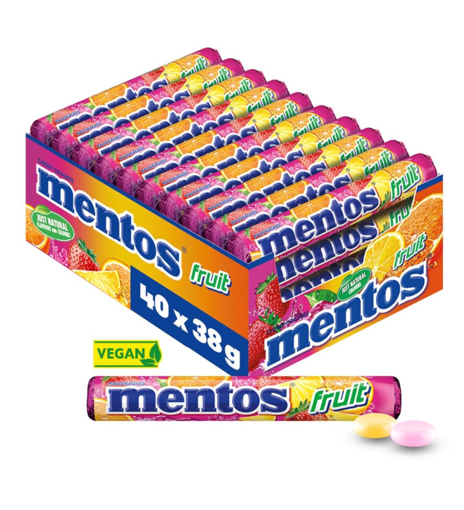 Mentos Fruit Dragees - 40 Rolls of Chewy Vegan Sweets in Orange Lemon & Strawberry Flavors - International Shipping Available - Buy Online on GoSupps.com