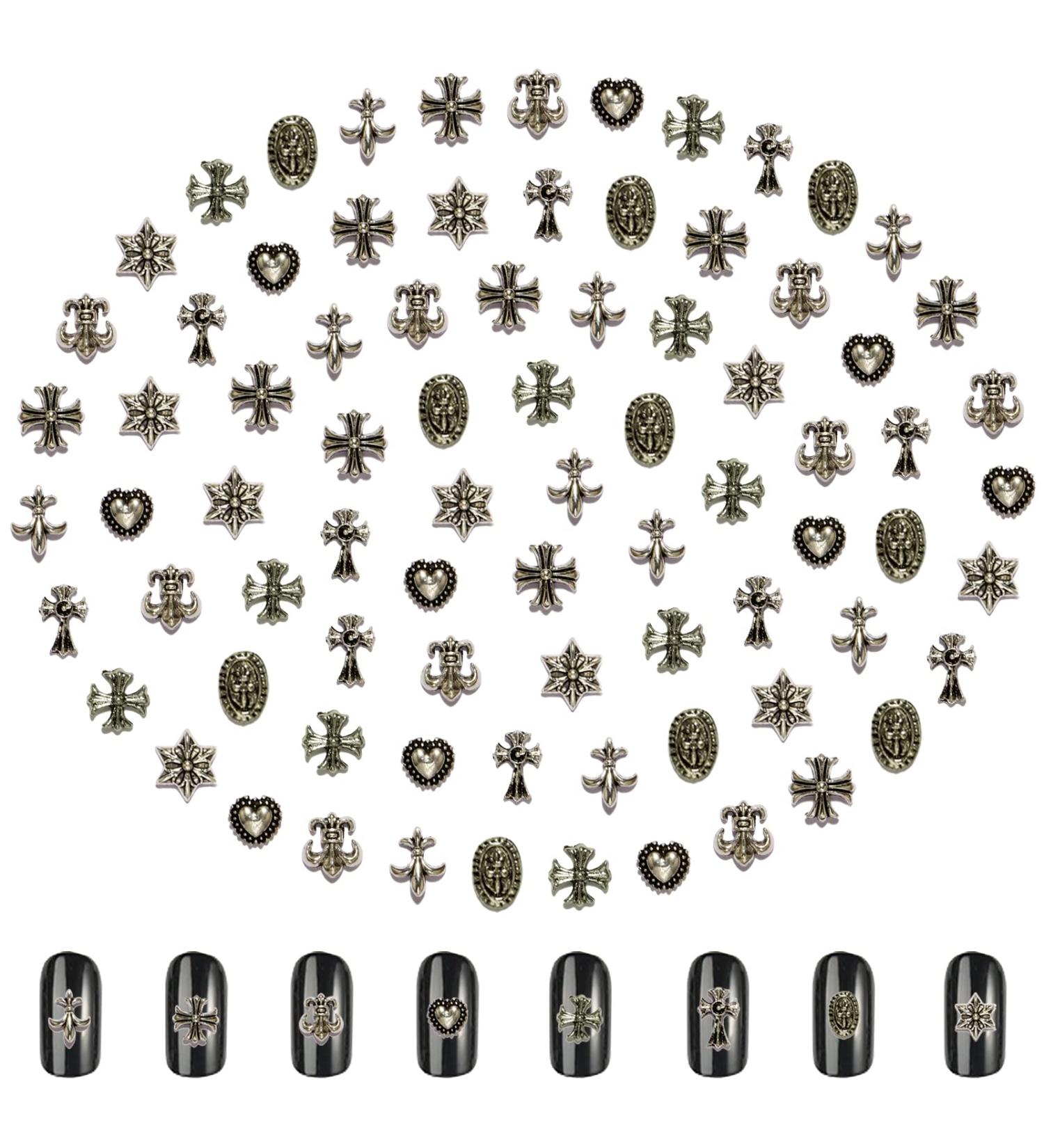 Cross Nail Art Charms 80 pcs Silver Vintage Punk Nail Art Decoration Silver Pearl Nail Rhinestones 3D Mini Nail Jewelry Antique Style Nail Art Accessories for Home DIY Art Craft (Ancient silver) - Buy Online on GoSupps.com