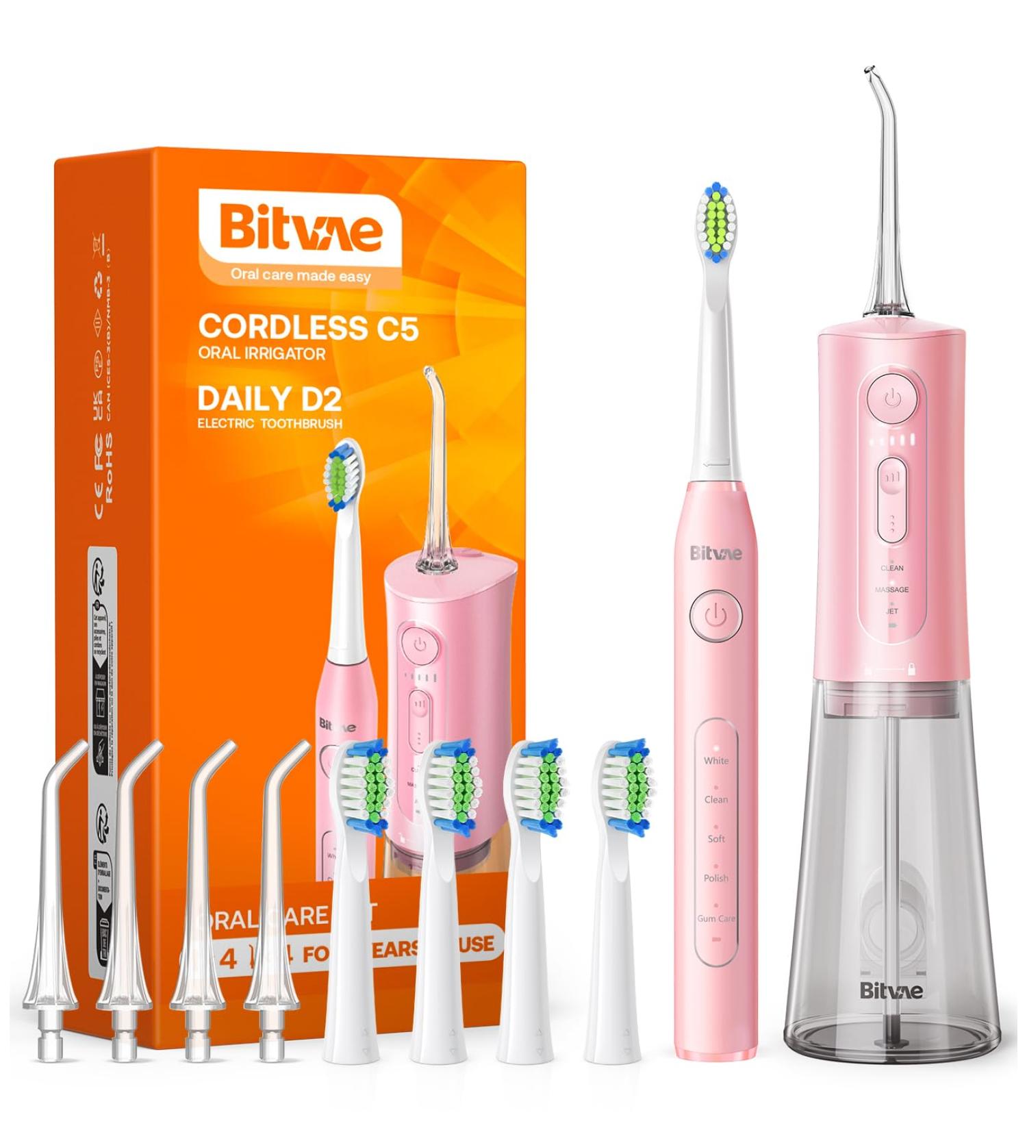 Bitvae Oral Shower & Electric Toothbrush Combo | 3 Modes 5 Pressure Levels 4 Heads & Jet Tips | Soft Pink | Wireless Dental Care - Buy Online on GoSupps.com