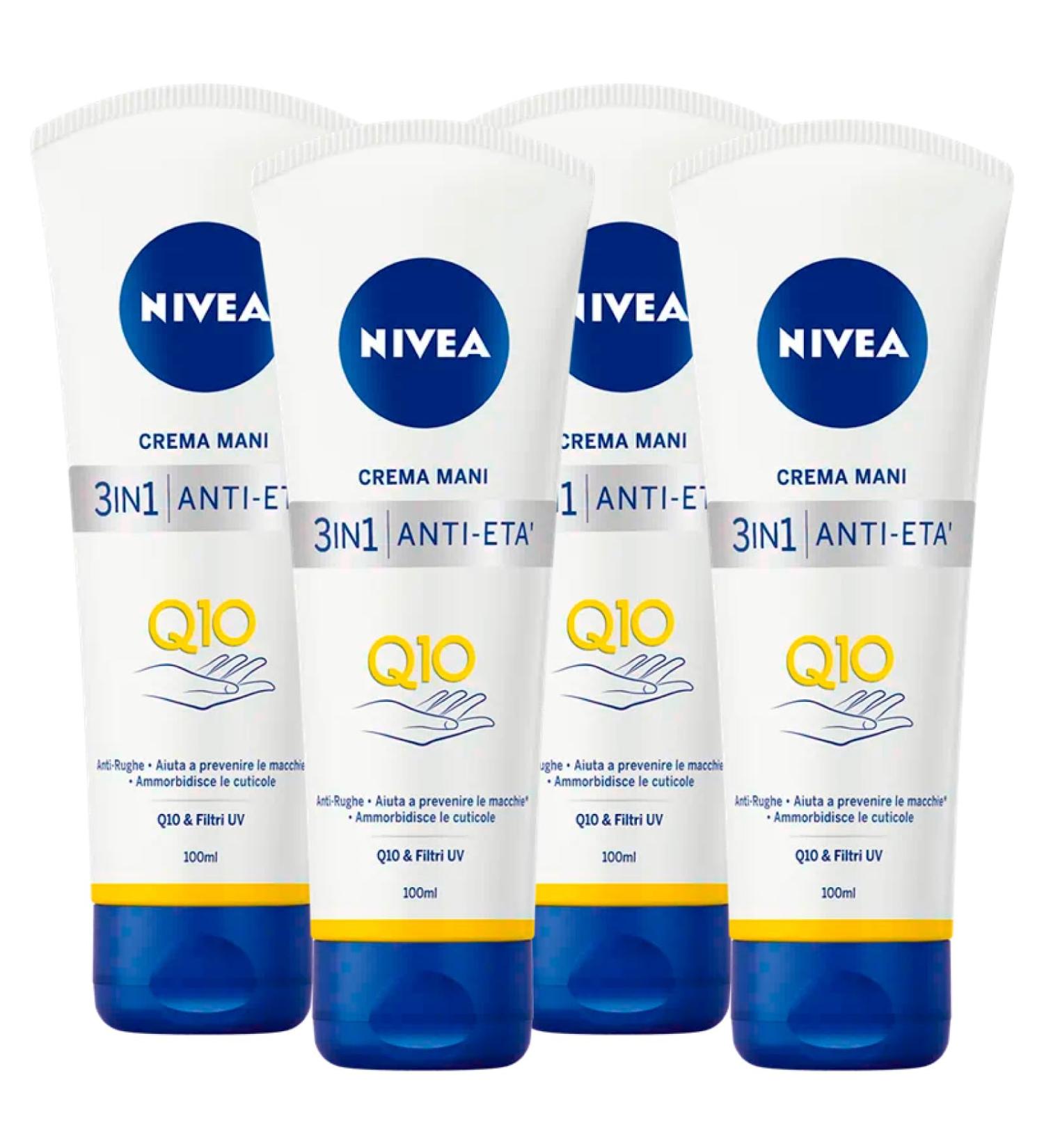  NIVEA Nivea 3-in-1 Anti-Aging Hand Cream with Q10 and UV Filters Anti-Wrinkle Moisturizing Lotion Prevents Spots Softens Cuticles 4 x 100ml Bottles - Buy Online on GoSupps.com
