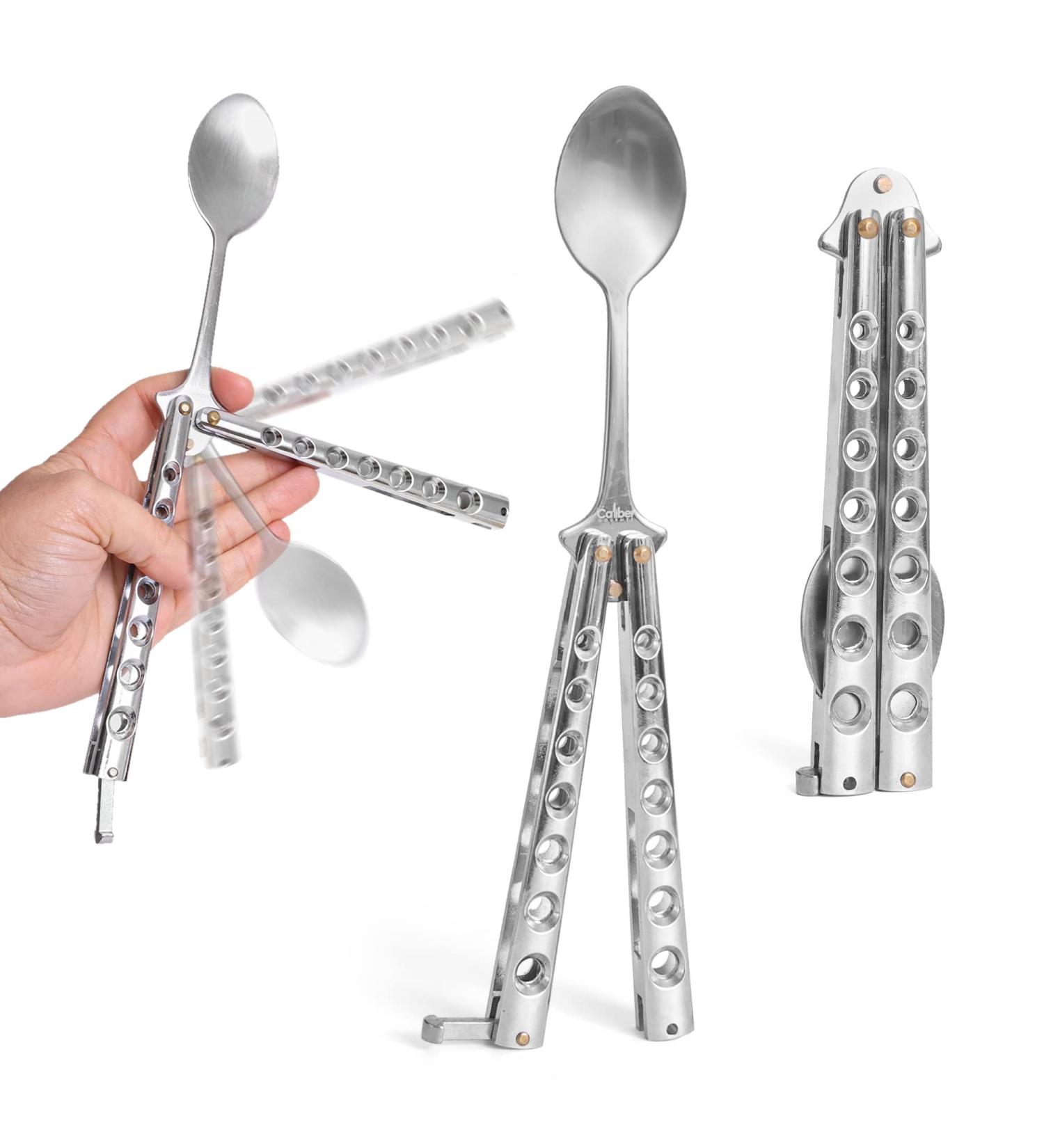 Caliber Gourmet Tactical Butterfly Spoon - Stainless Steel Switchblade Knife for Camping, Hiking, Kitchen, BBQ - Multi-Functional Flatware Utensil - Buy Online on GoSupps.com