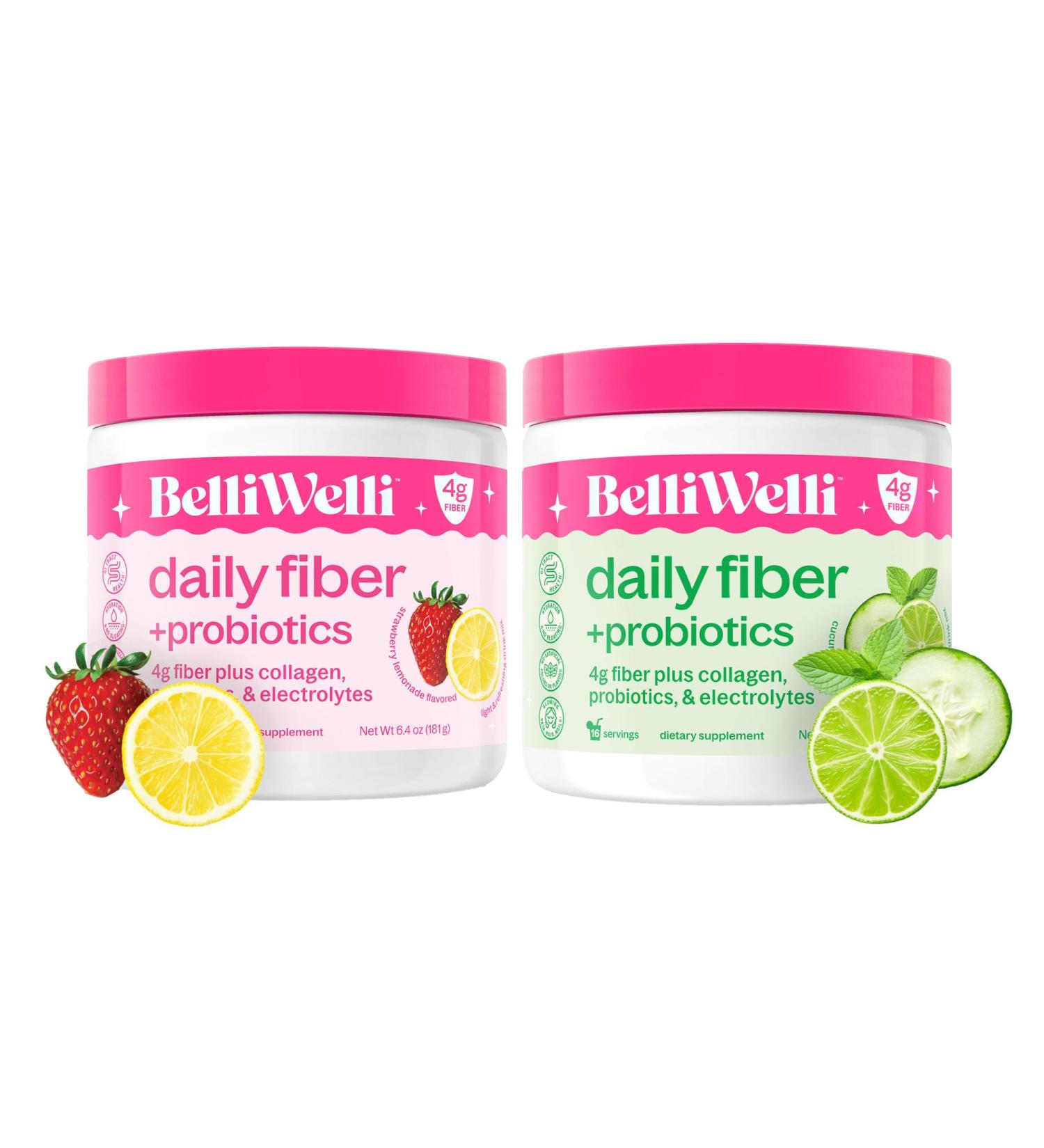 Belli Welli Daily Fiber Supplement Duo - Strawberry Lemonade & Cucumber Lime Mint - with Collagen Probiotics & Electrolytes - Refreshing Flavors for Balanced Wellness - 32 Total Servings - Buy Online on GoSupps.com