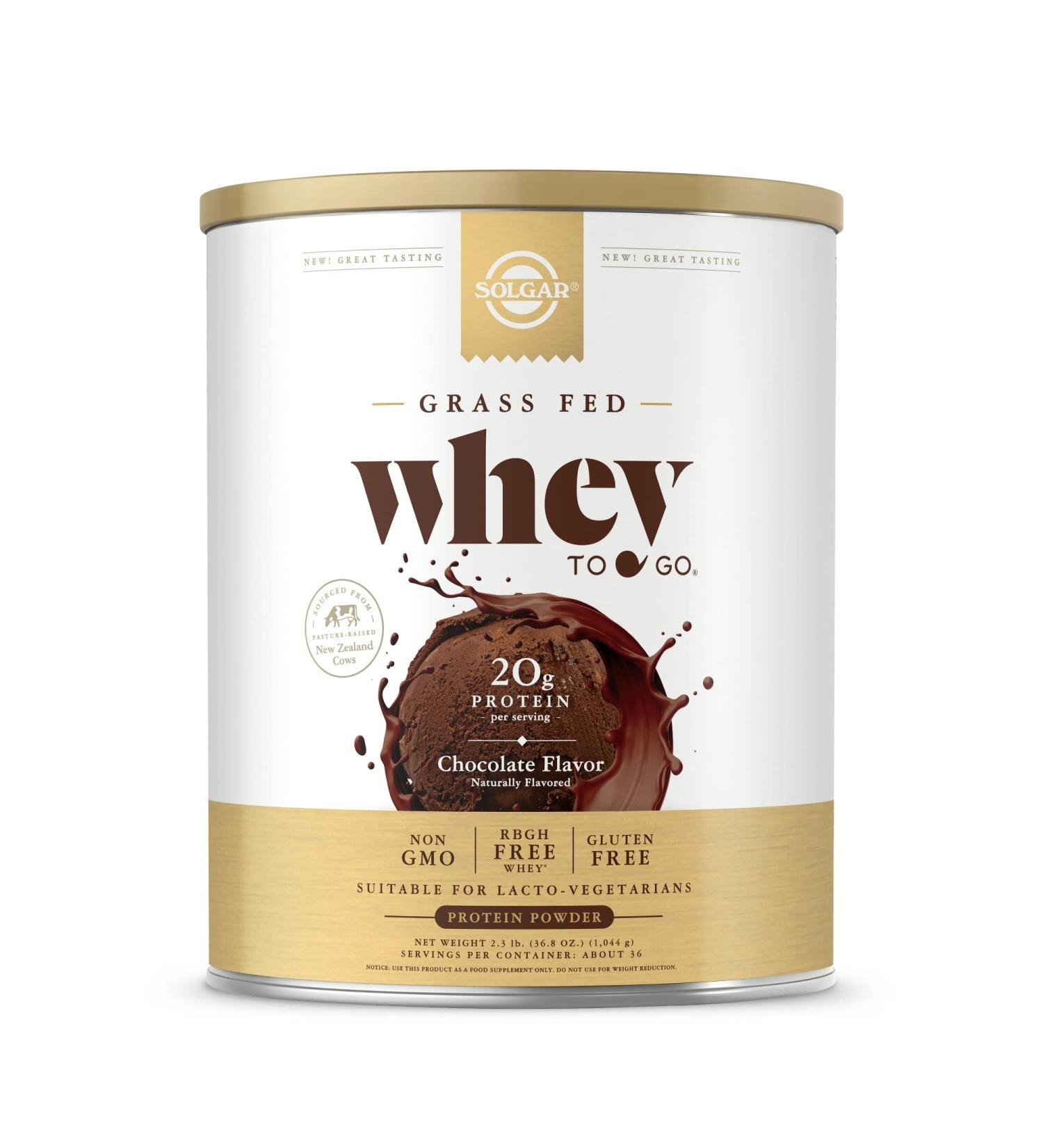 Buy SOLGAR Grass Fed Whey to Go Chocolate 2.3 lb - Non-GMO Gluten Free rBGH Free Protein Powder - 36 Servings - International Shipping Available - Buy Online on GoSupps.com