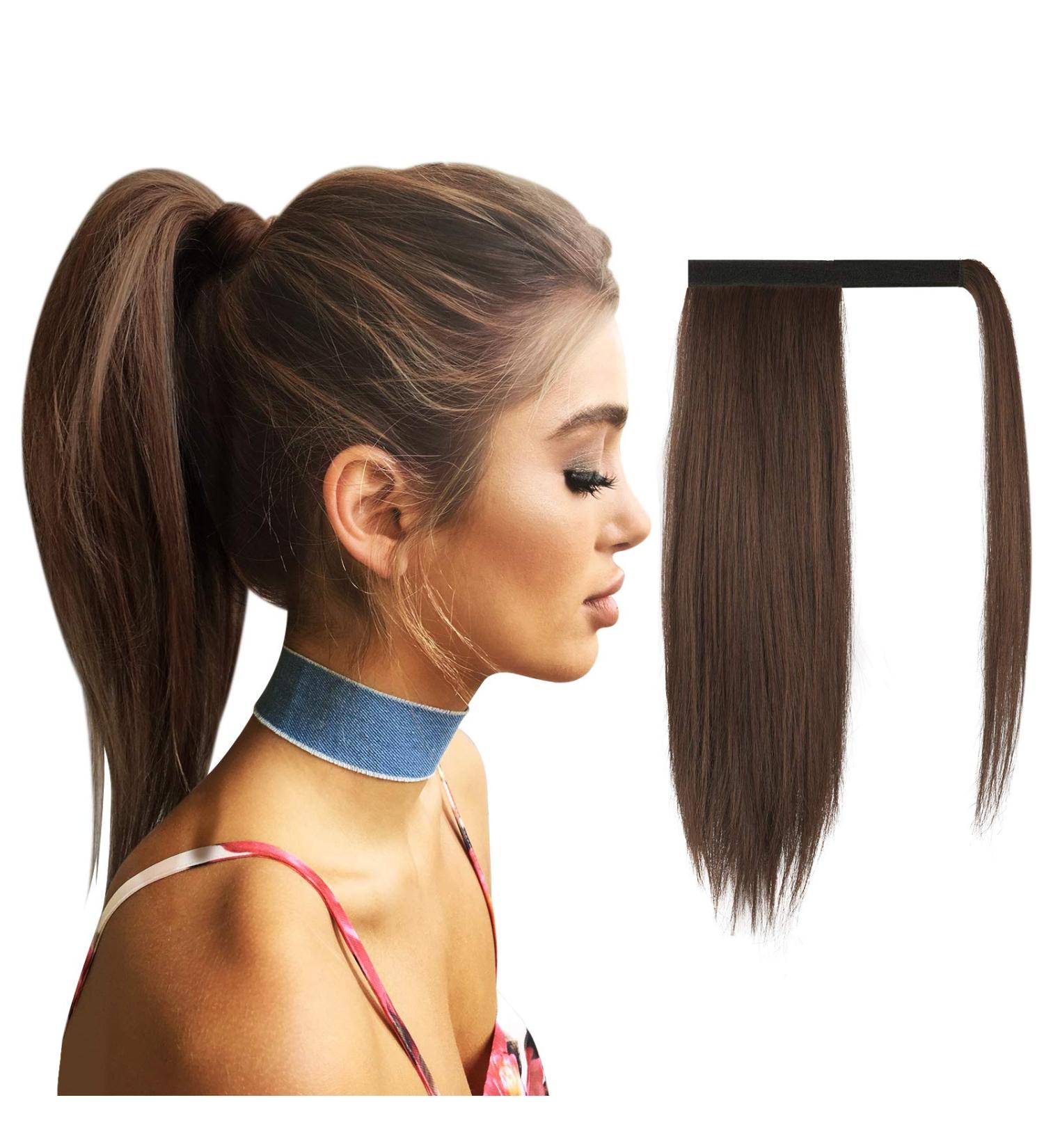 FESHFEN Straight Ponytail Extension 16 Medium Brown & Light Auburn Mixed - Clip in Synthetic Hairpiece for Women & Girls - Buy Online on GoSupps.com
