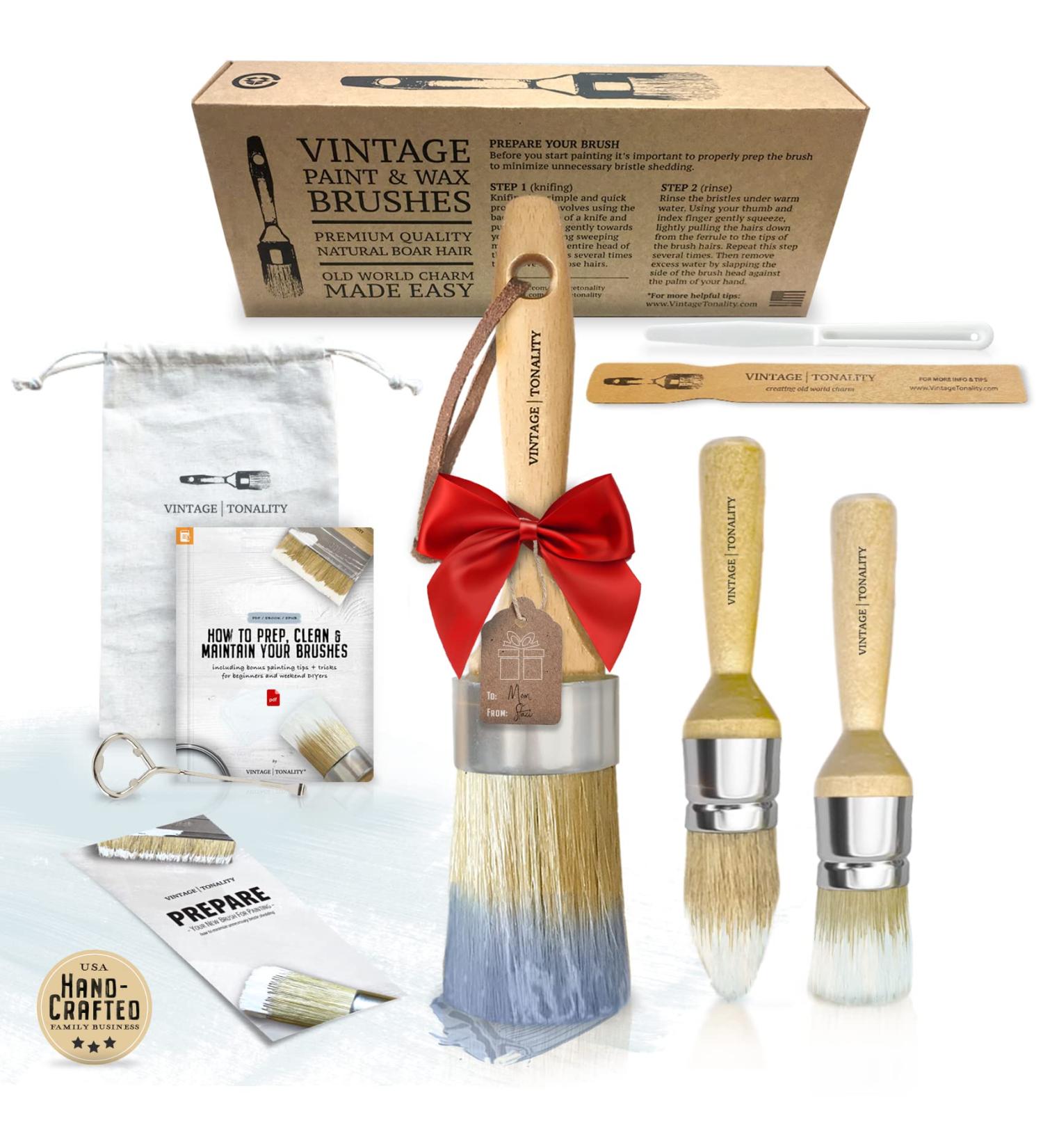 Vintage Tonality Chalked Paint Brush Set - 3 Brushes with Natural Boar Hair Bristles for Furniture, Clear Wax, Stencil & Milk Paint - Buy Online on GoSupps.com