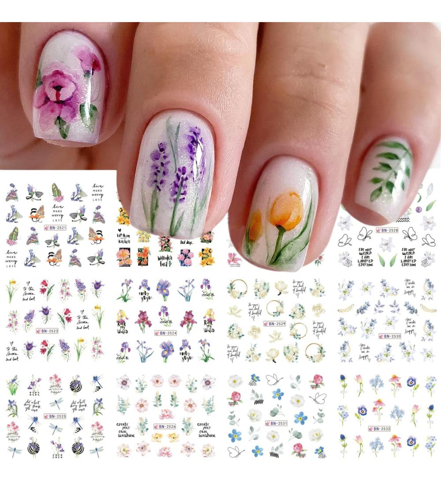 Floral Nail Art Stickers Decals - Water Transfer Butterfly, Blossom, Dragonfly Designs - Spring Manicure Supplies for Women and Girls - Buy Online on GoSupps.com
