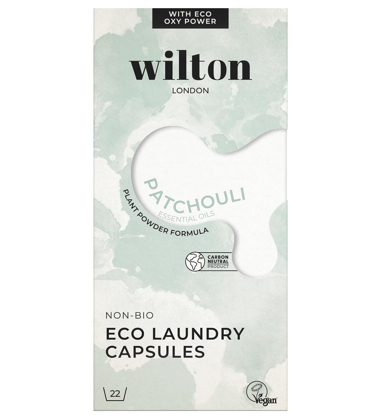 Wilton London Eco Friendly Laundry Capsules 22 Washes - 100% Plastic Free Packaging - Non-Bio - Plant-based & Biodegradable Powder Formula - Essential Oils - Fresh and Longlasting Patchouli Scent - Buy Online on GoSupps.com