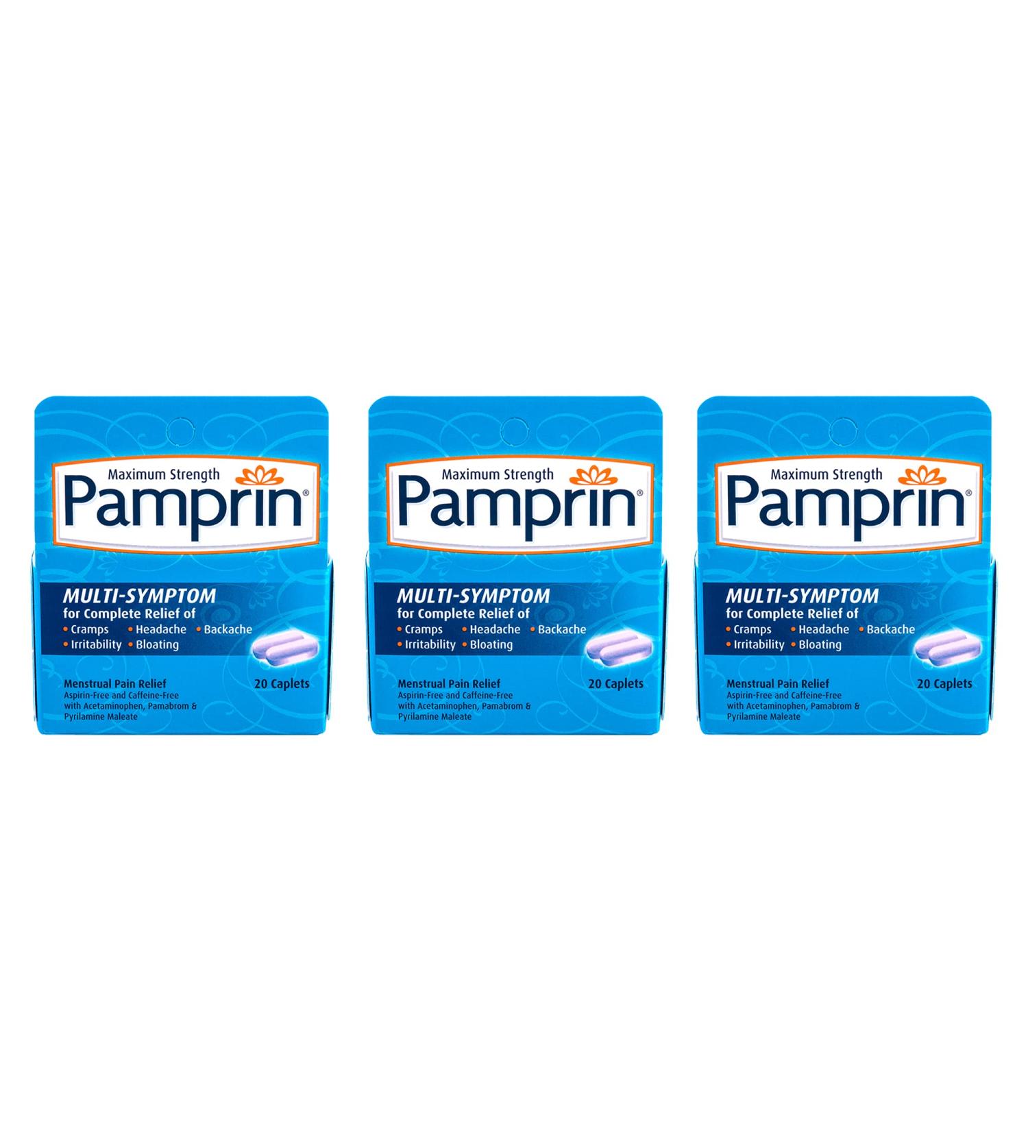 Pamprin Multi-Symptom Formula with Acetaminophen - Menstrual Period Relief for Cramps, Pain, Irritability, and Bloating - 60 Caplets (3 Pack) - Buy Online on GoSupps.com