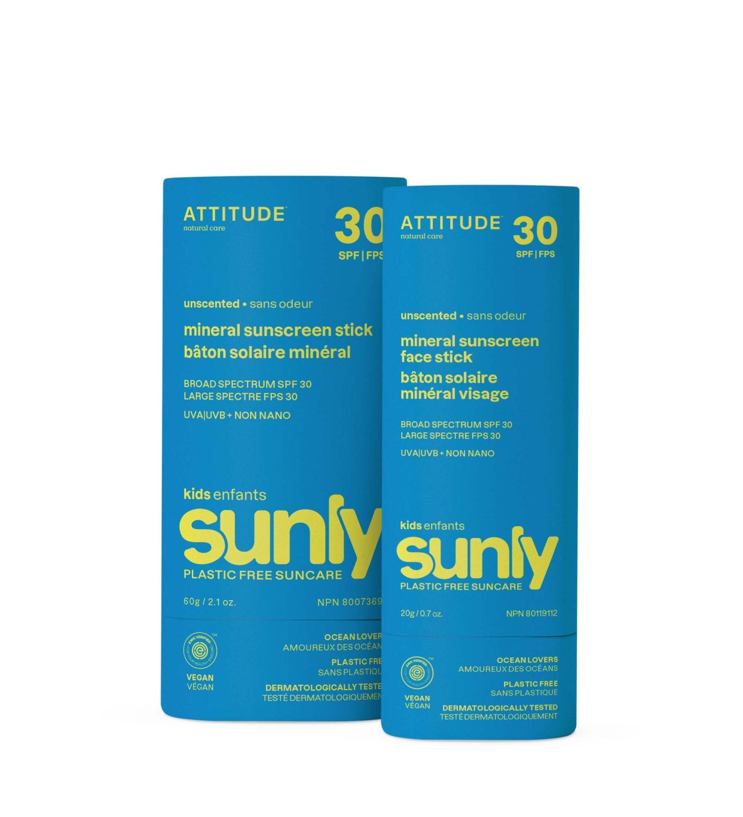 Bundle of ATTITUDE Mineral Face and Body Sunscreen Stick for Kids SPF 30 EWG Verified Plastic-Free Broad Spectrum UVA/UVB Protection with Zinc Oxide Dermatologically Tested Vegan Unscented - Buy Online on GoSupps.com