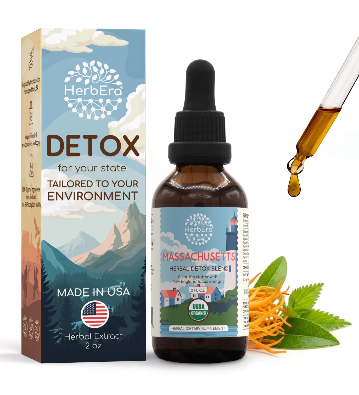 HerbEra Massachusetts Herbal Detox Blend - USDA Organic Extract Made in USA | Immune & Liver Support Liquid Drops | Dandelion Root Milk Thistle Noni Rhodiola Chaparral | 2 fl oz - Buy Online on GoSupps.com