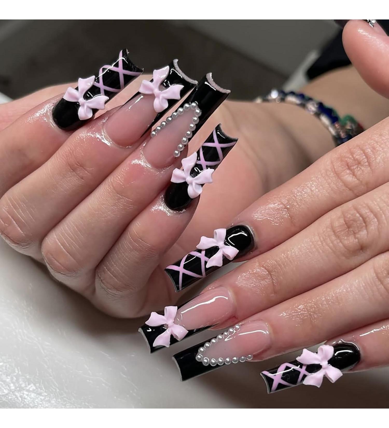 24Pcs Black French Tip Coffin Press-On Nails | Stylish Pink Fake Nails with Bow & Pearl Charms | Glossy Full Cover Acrylic for Women  - Buy Online on GoSupps.com