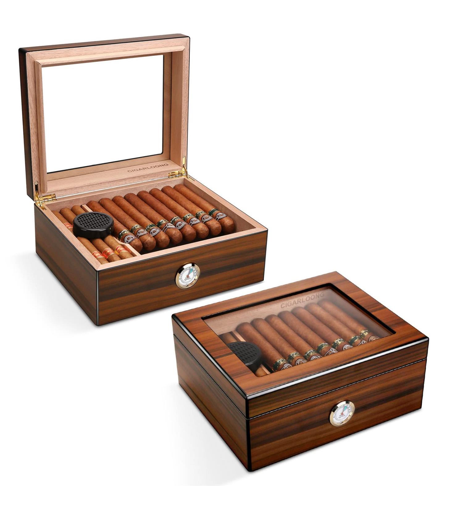 CIGARLOONG Cigar Humidor for 35-60 Cigars Large Capacity Brown Desktop Cedar Cigar Storage Box with Humidifier and Hygrometer (Large Size) - Buy Online on GoSupps.com