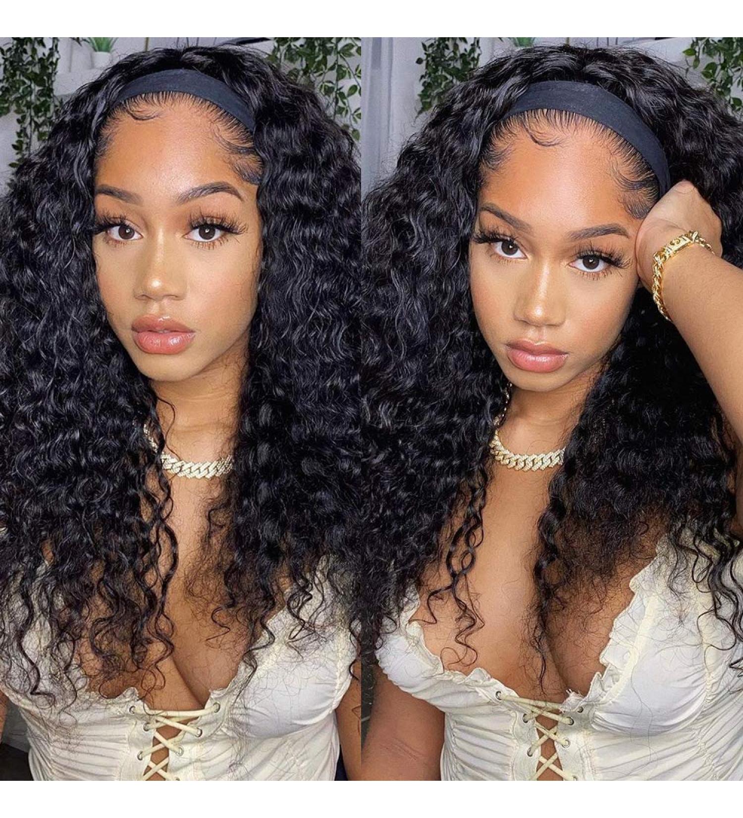 Peruvian Virgin Deep Wave Headband Wig for Black Women - Glueless 150 Density Curly Wig with Headband - Wet and Wavy None Lace Front Hairpiece - Buy Online on GoSupps.com