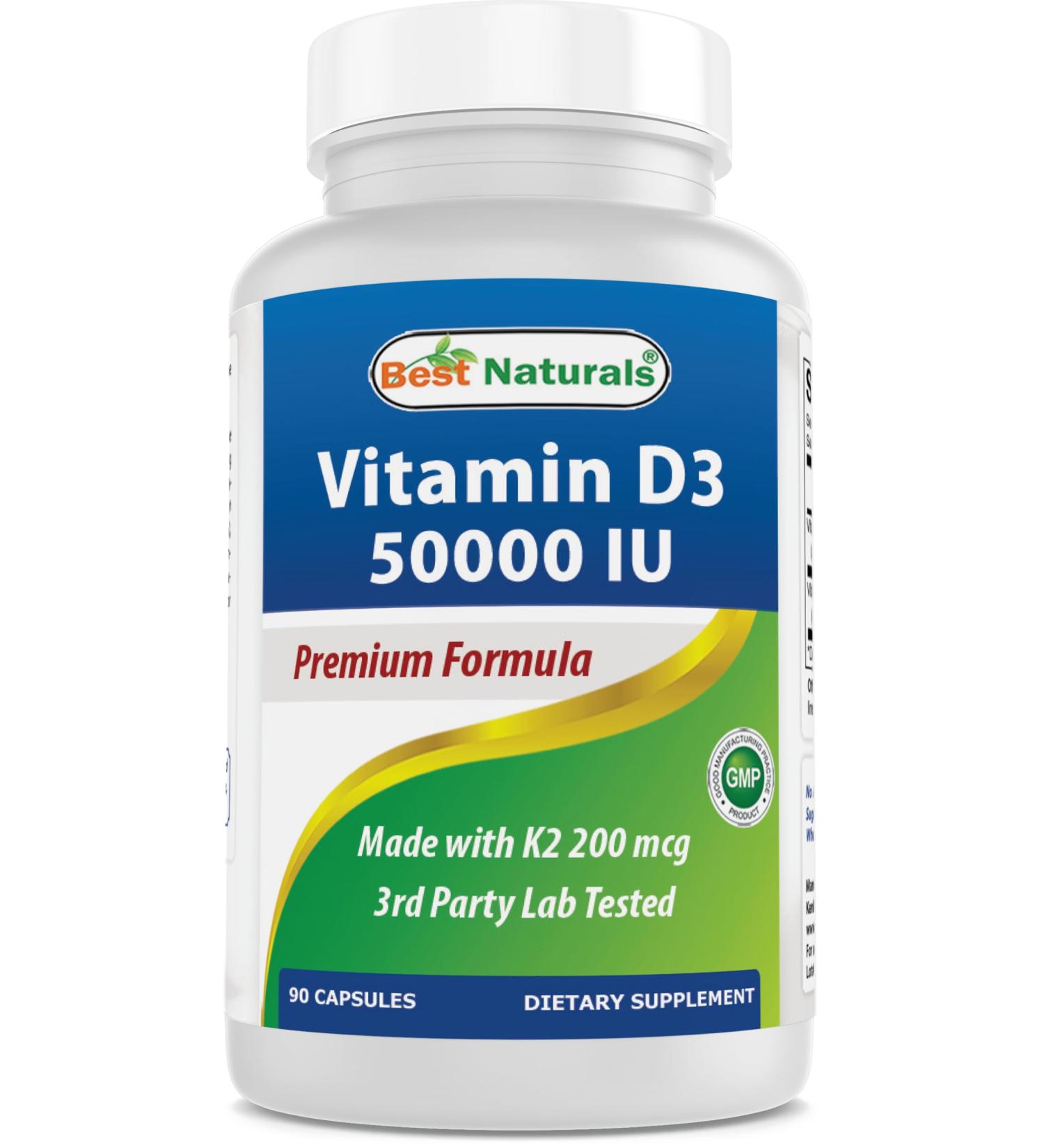 Best Naturals Vitamin D3 50 000 IU with MK-7 K2 200 mcg 90 Veg Capsules High Potency Non-GMO Gluten Free