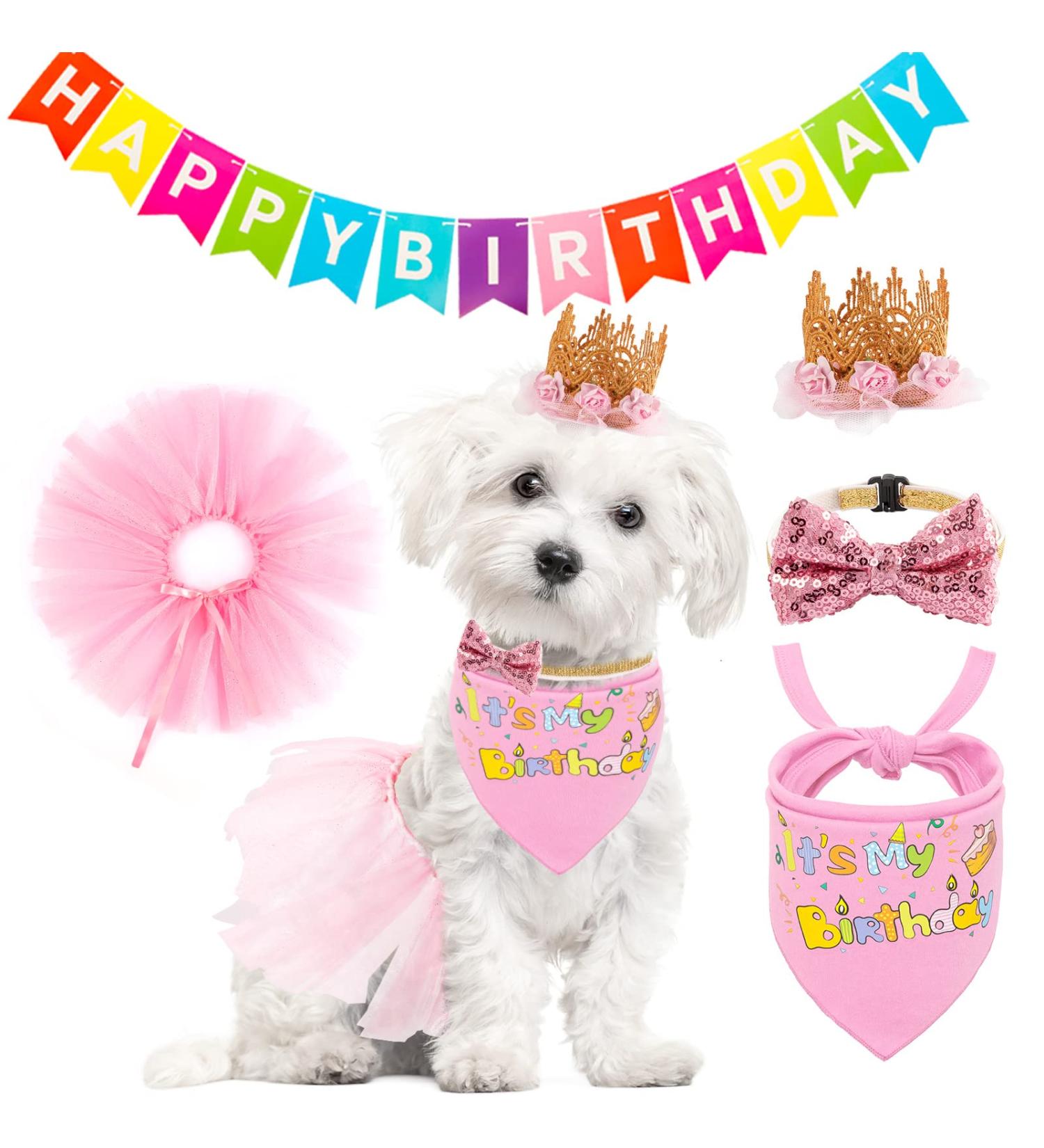 SCENEREAL Dog Birthday Bandana 5-Piece Set with Crown and Dress - Cute Pink Tutu Outfit for Small Medium Dogs - Buy Online on GoSupps.com