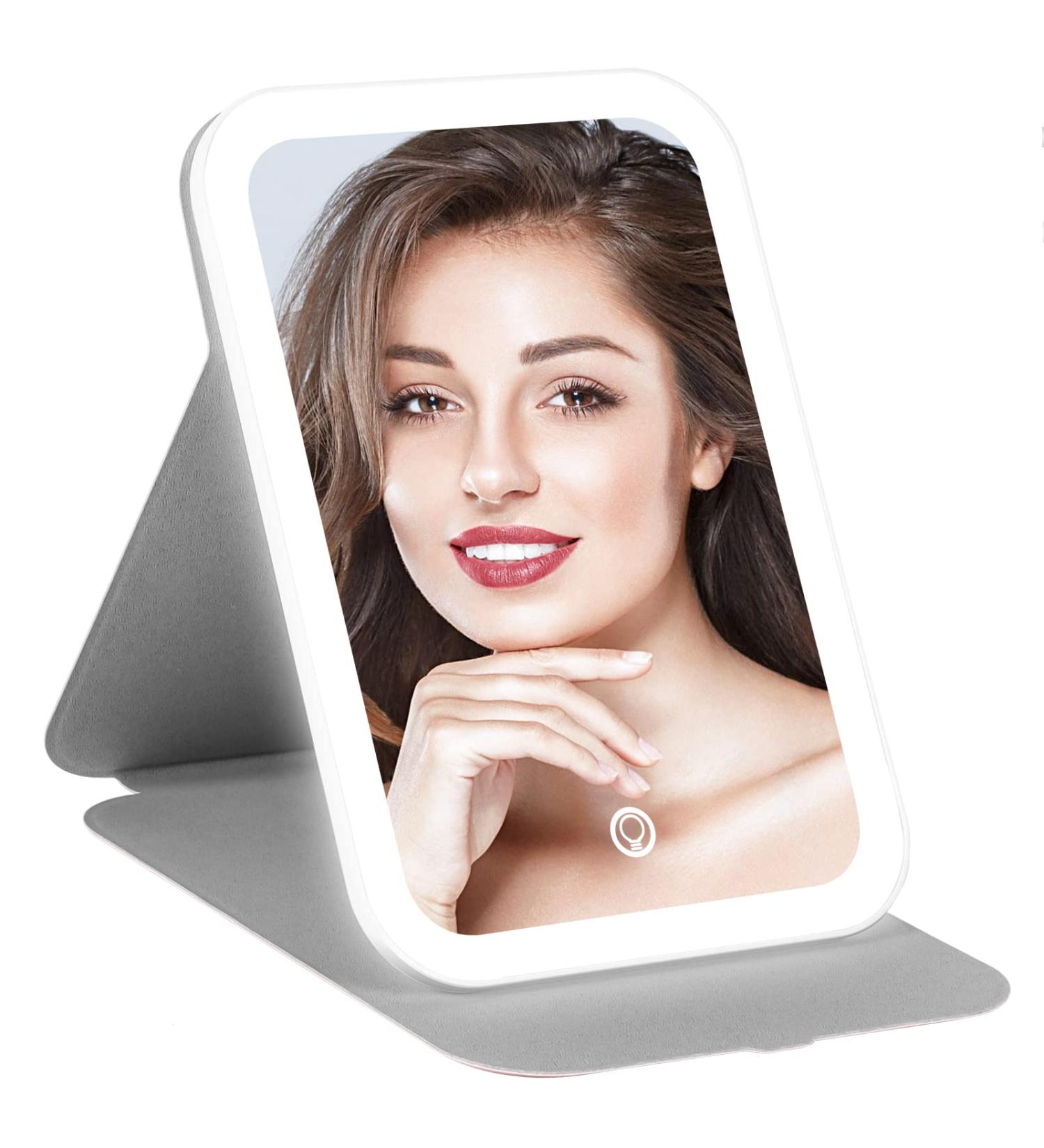 Travel Makeup Mirror with Lights - 360 Rotation Touch Screen, 3 Light Modes, 72 LEDs, USB Rechargeable, Pink - Luminar Bowo Vanity Mirror - Buy Online on GoSupps.com