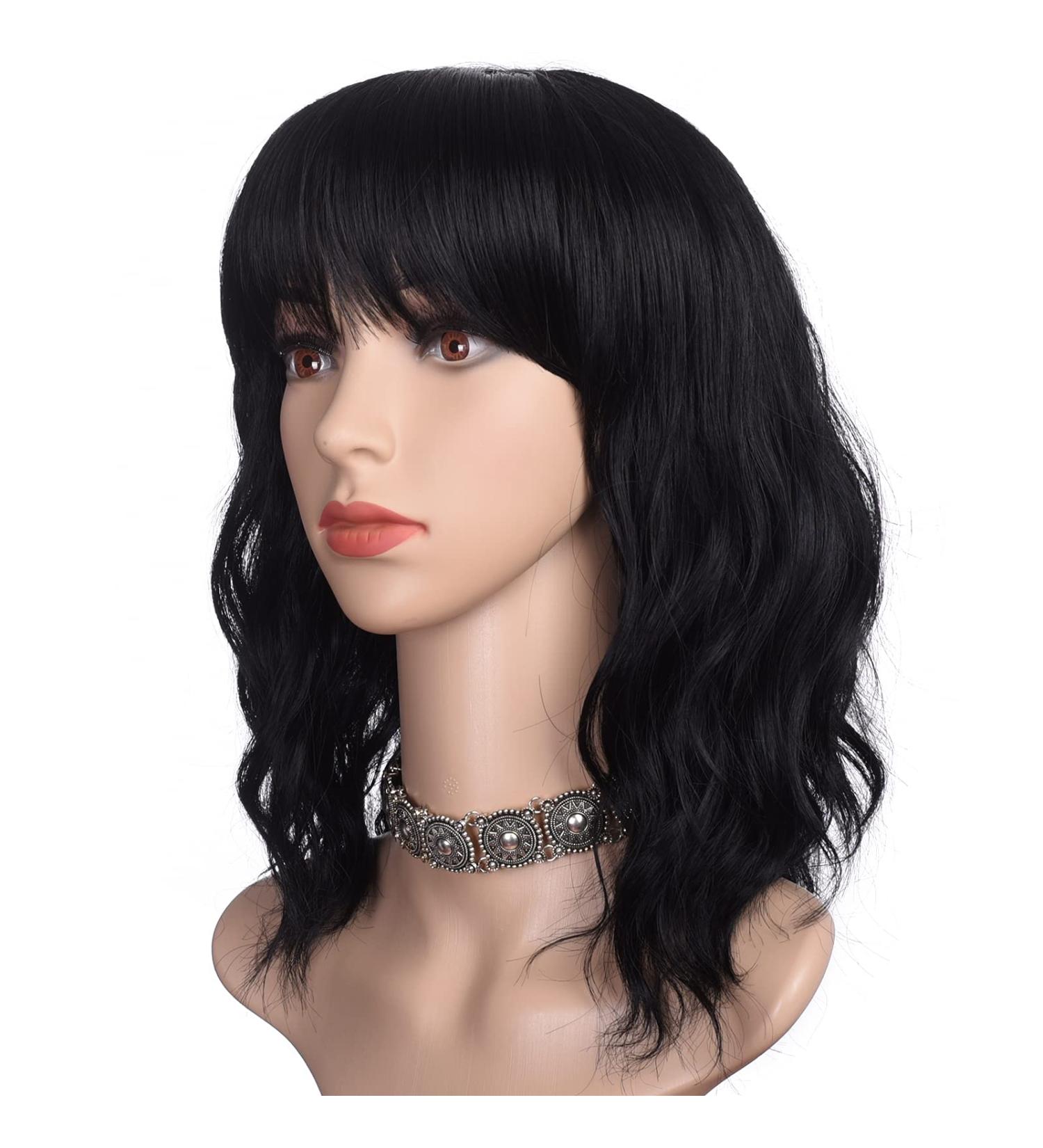 Morvally Short Black Wavy Bob Wig with Bangs 16 Inch - Natural Synthetic Hair for Women - Buy Online on GoSupps.com