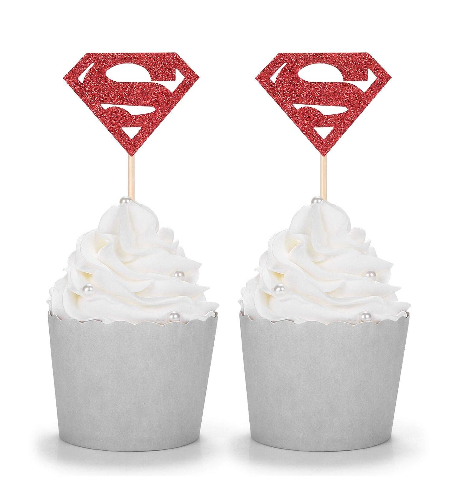 24 CT Red Glitter Superman Cupcake Toppers for Superhero Theme Birthday Parties and events