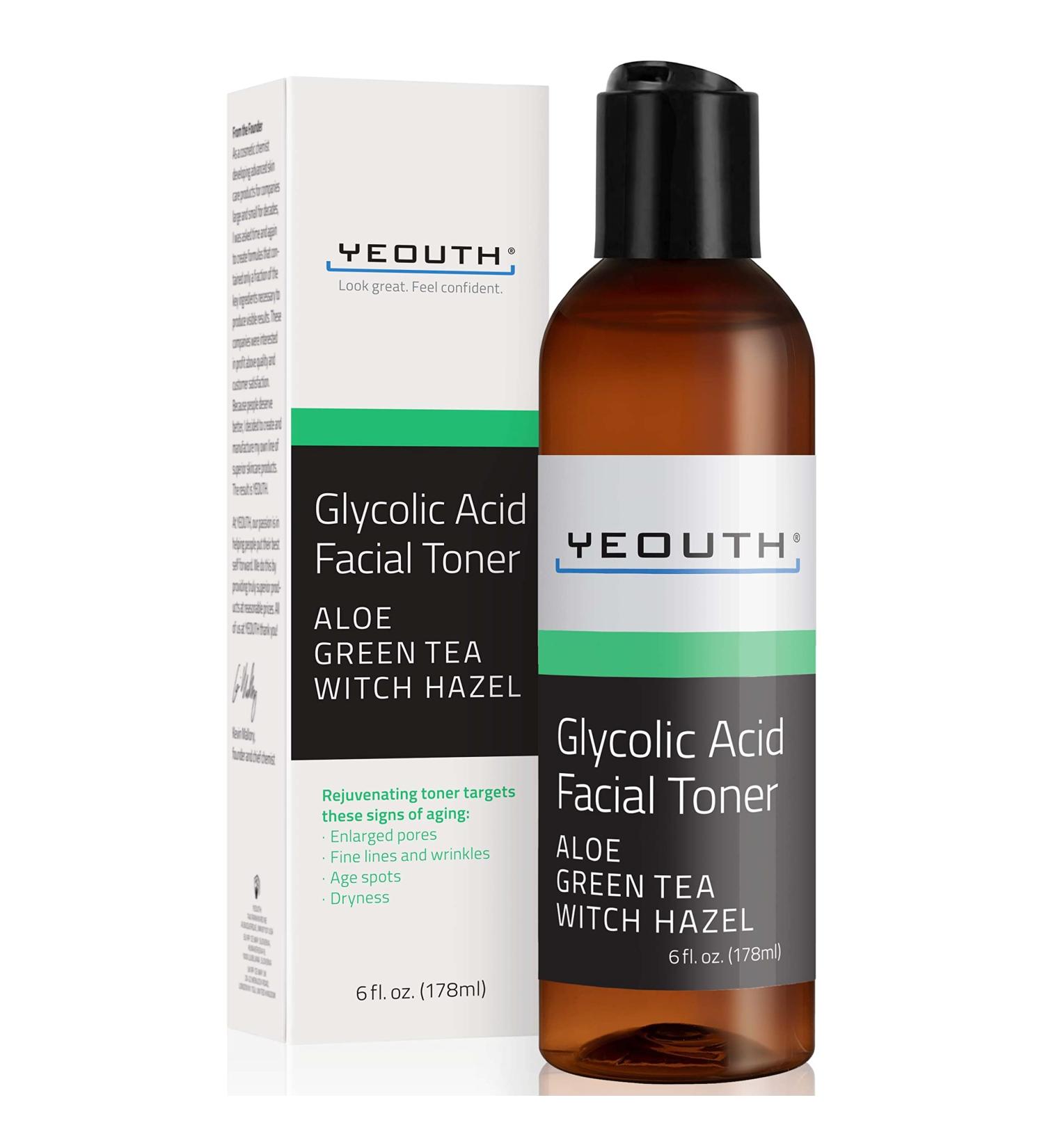 YEOUTH Glycolic Acid Toner with Witch Hazel - 8% Exfoliating Facial Toner for Hydrated Skin - 6oz | Gentle Skin Care for Women - Buy Online on GoSupps.com