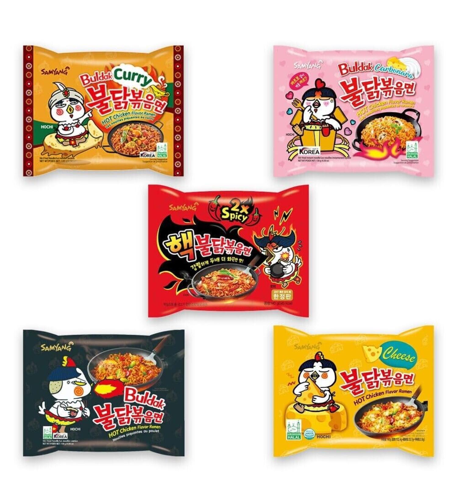 Samyang Buldak Korean Top Spicy Ramen Assorted Noodle Mix Challenge - Carbonara Curry Cheese Original & 2X (Pack of 5) HALAL - Buy Online on GoSupps.com